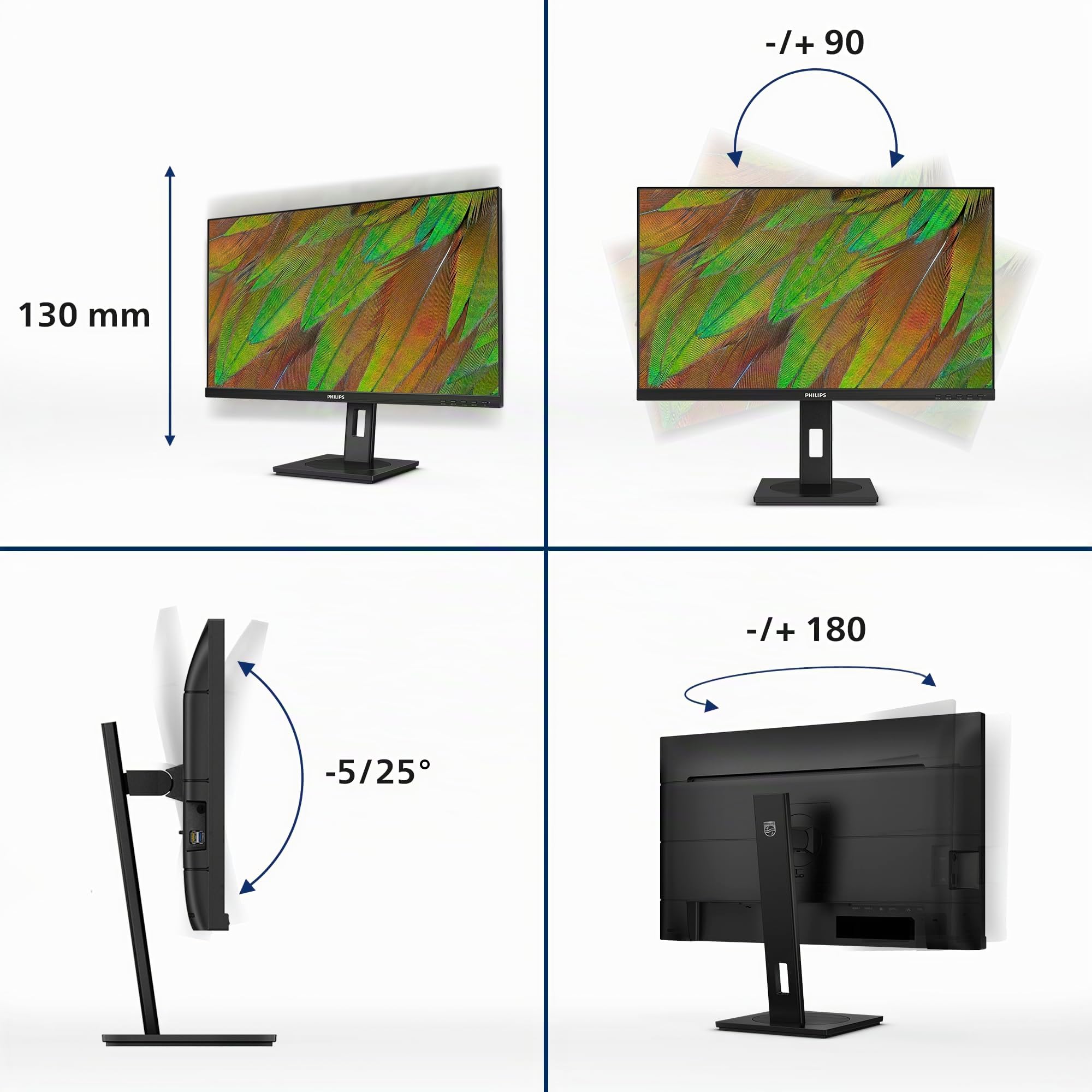 Philips 27B1U3900 - Monitor Ultra HD da 27 pollici, altezza regolabile, altoparlanti, Adaptive Sync (3840x2160, 60 Hz, 2x HDMI 2.0, 1x DisplayPort 1.4, 1x USB-C (90 W PD), RJ45, Hub USB) nero