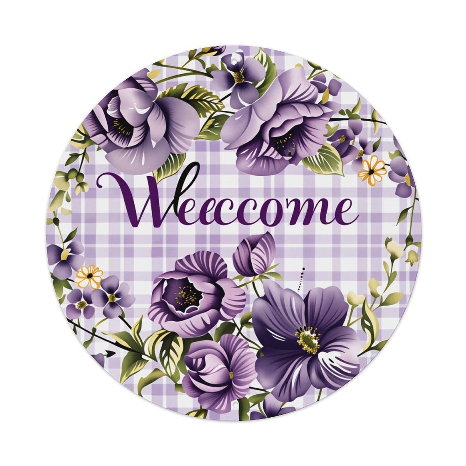 Wmlzdnwr Vintage Purple Flowers Welcome Wreath Pattern Print Round Tin Sign,Retro Wall Art,Metal Poster For Home, Bar, Garage, Cafe, Rustic Indoor & Outdoor Decor, 8X8 Inches