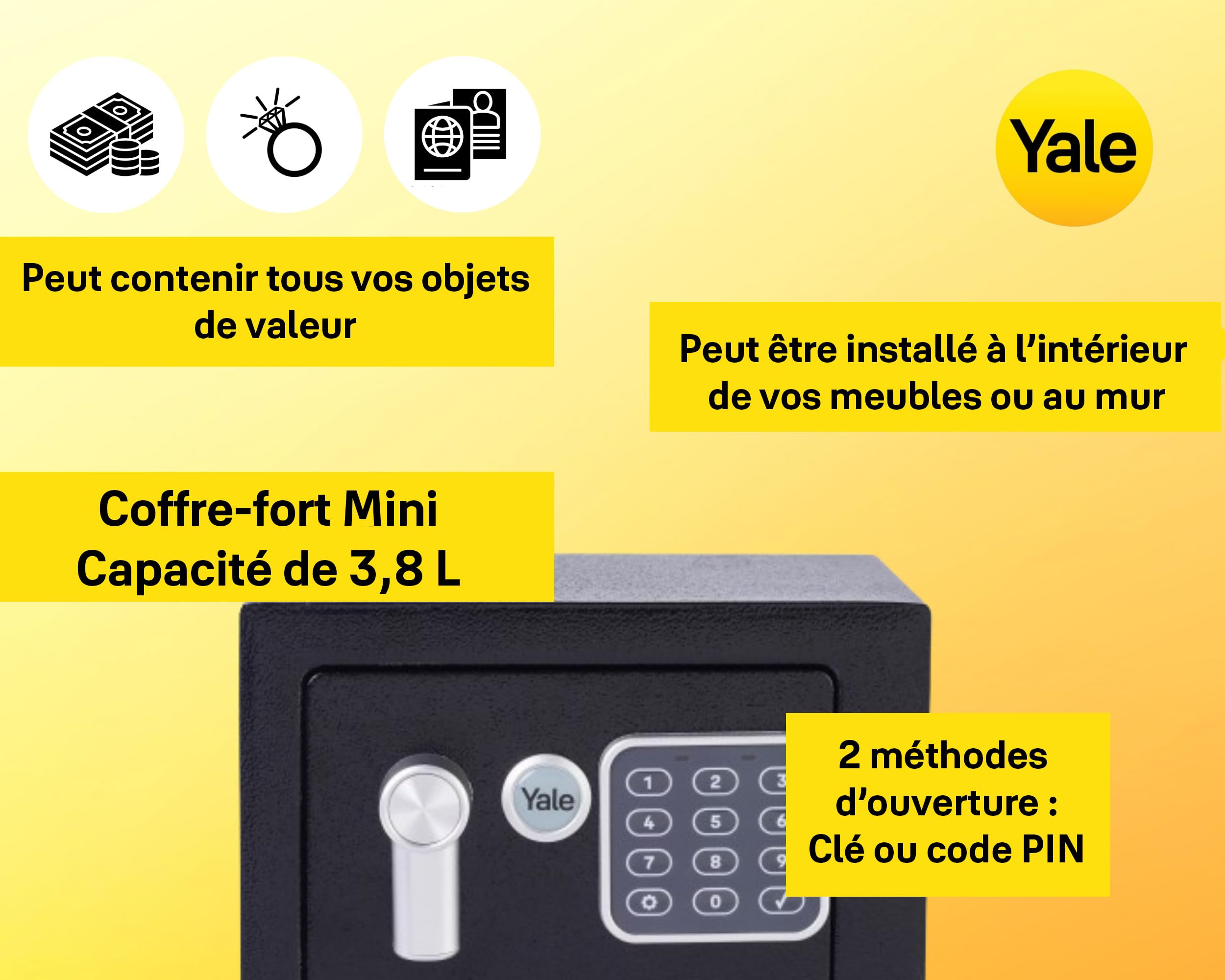 Yale Coffre-Fort Électronique - Compact 3.8L - Serrure 100 000 Combinaisons, verrou électronique Code 3 à 8 Chiffres - Dimensions 170x230x170mm YSV/170/DB2