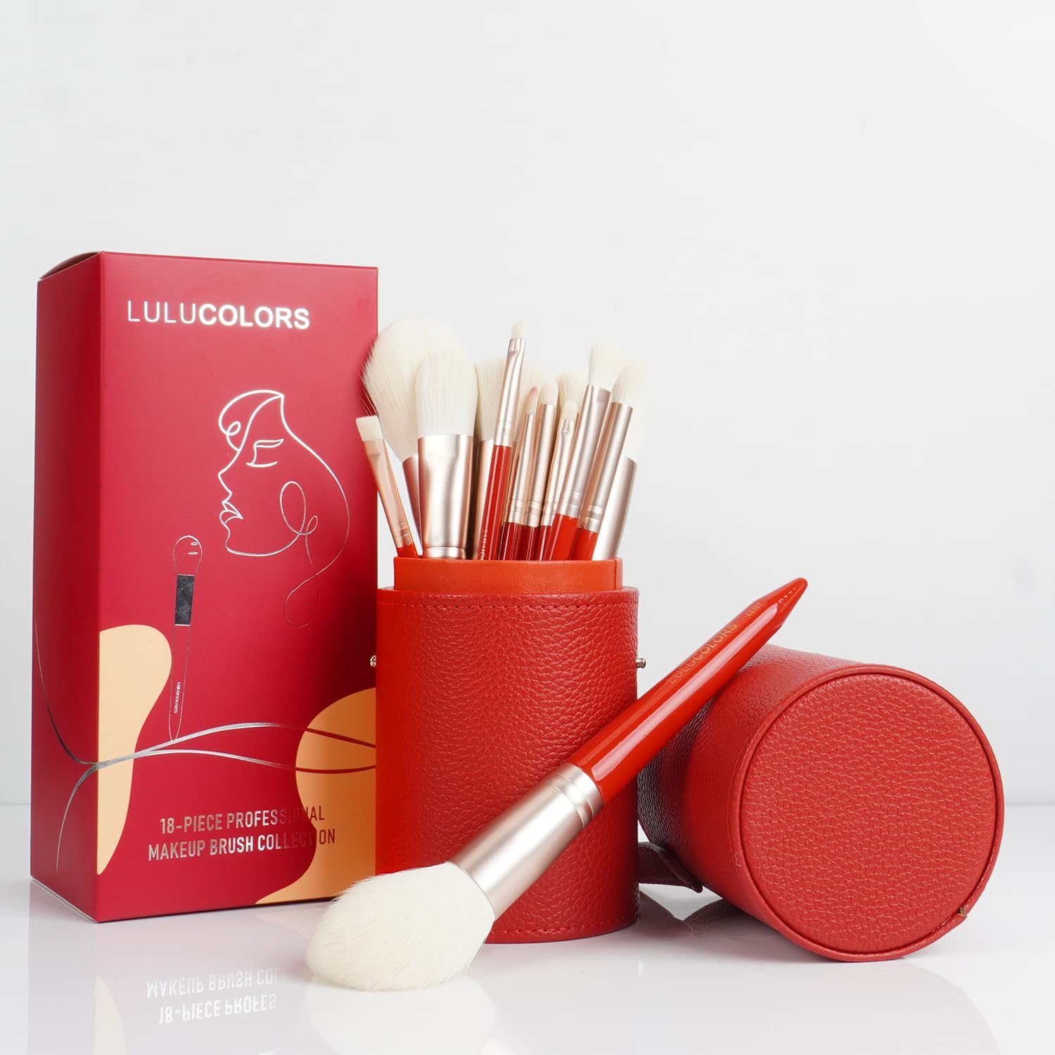 LULUCOLORS Juego de 18 brochas de maquillaje, juego de brochas de maquillaje con mango de madera, incluye base, contorno, sombra de ojos, delineador de ojos y brochas de labios, brochas con soporte
