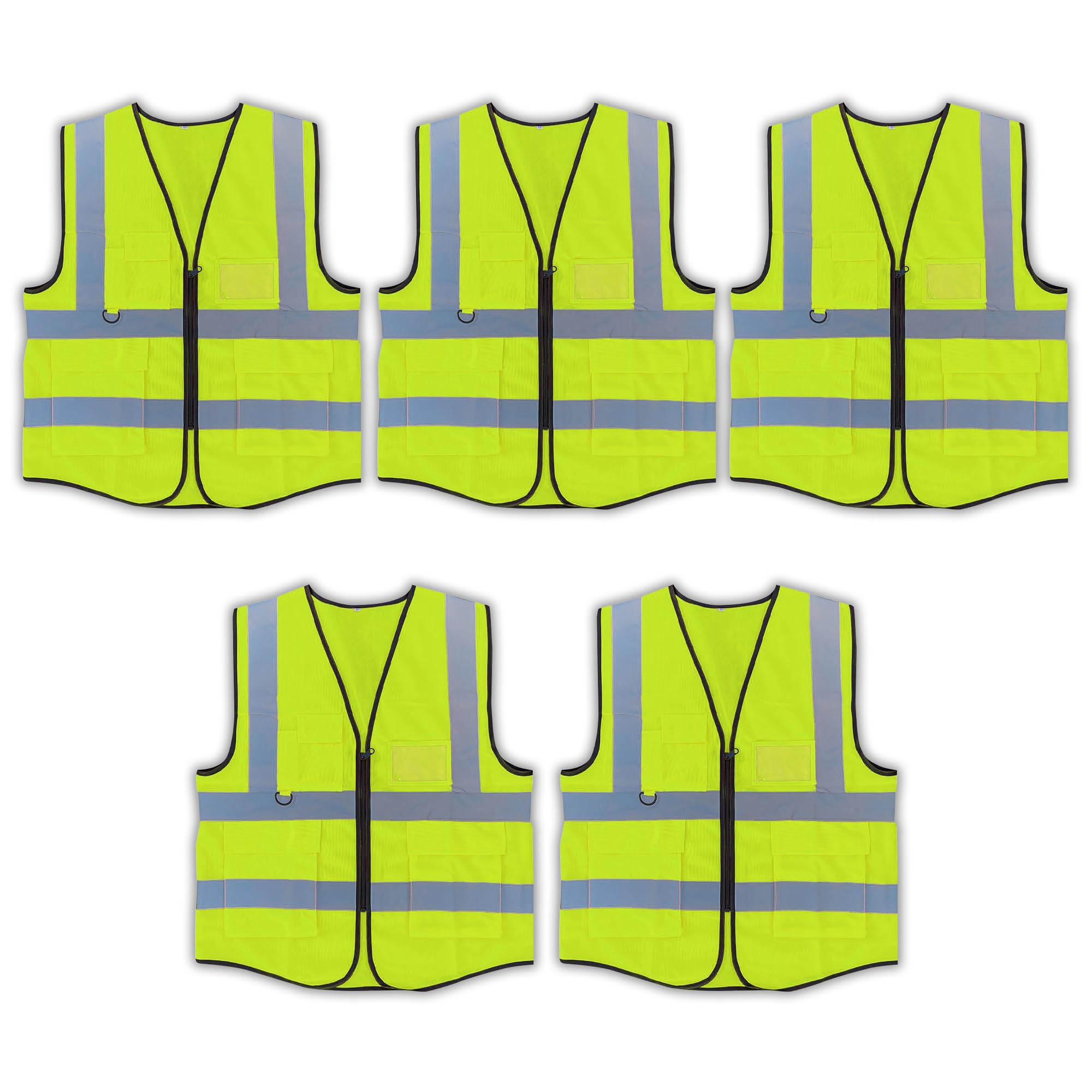 Vasego - Pack of 5 Hi-Visibility Executive Reflective Safety Vest for Men & Women with Multi pockets with zipper -Class 2 Utility High Viz vest for adults with reflective strips (5, Yellow, M)