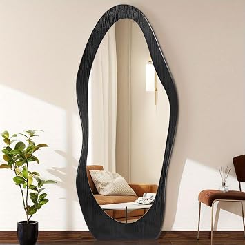 Full Length Mirror Black Irregular Wavy Mirrors 59" x 24" Asymmetrical Wall-Mounted Full Body Standing Mirror Wood Frame Mirrors for Cloakroom Bedroom Living Room