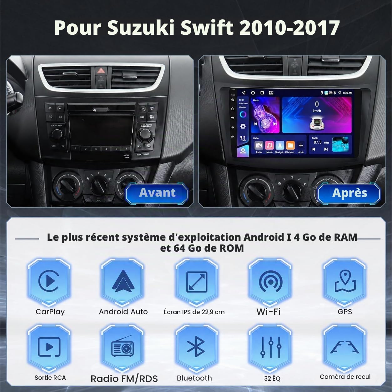 Hikity 4G+64G Android 15 Autoradio 9" pour Suzuki Swift 2010-2017 CarPlay