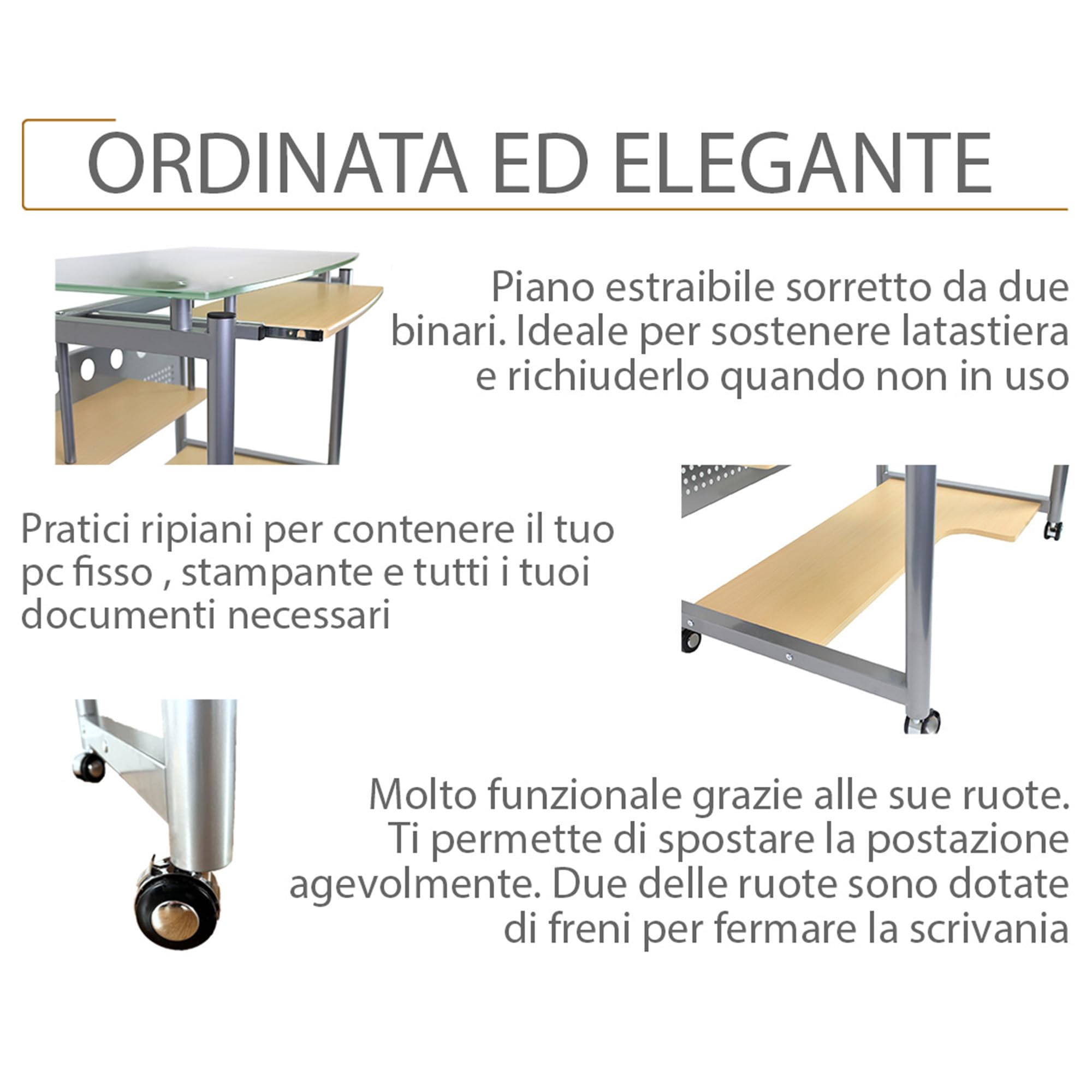 yelloo - Scrivania con Ruote Salvaspazio, Scrivania per Computer Picccola, per Ufficio, Cameretta, Scrivanie Moderne a Rotelle dal Design Semplice, Ideale per Zona Studio e Smart Working (Mod. WHEEL)
