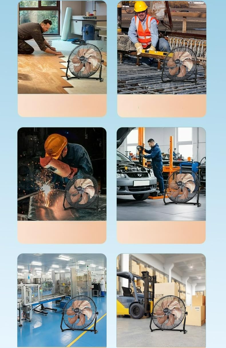Ventilador de suelo industrial resistente, ventilador de pedestal de metal de alta velocidad con inclinación de 130°, ideal para garaje, almacén, patio y uso en fábrica