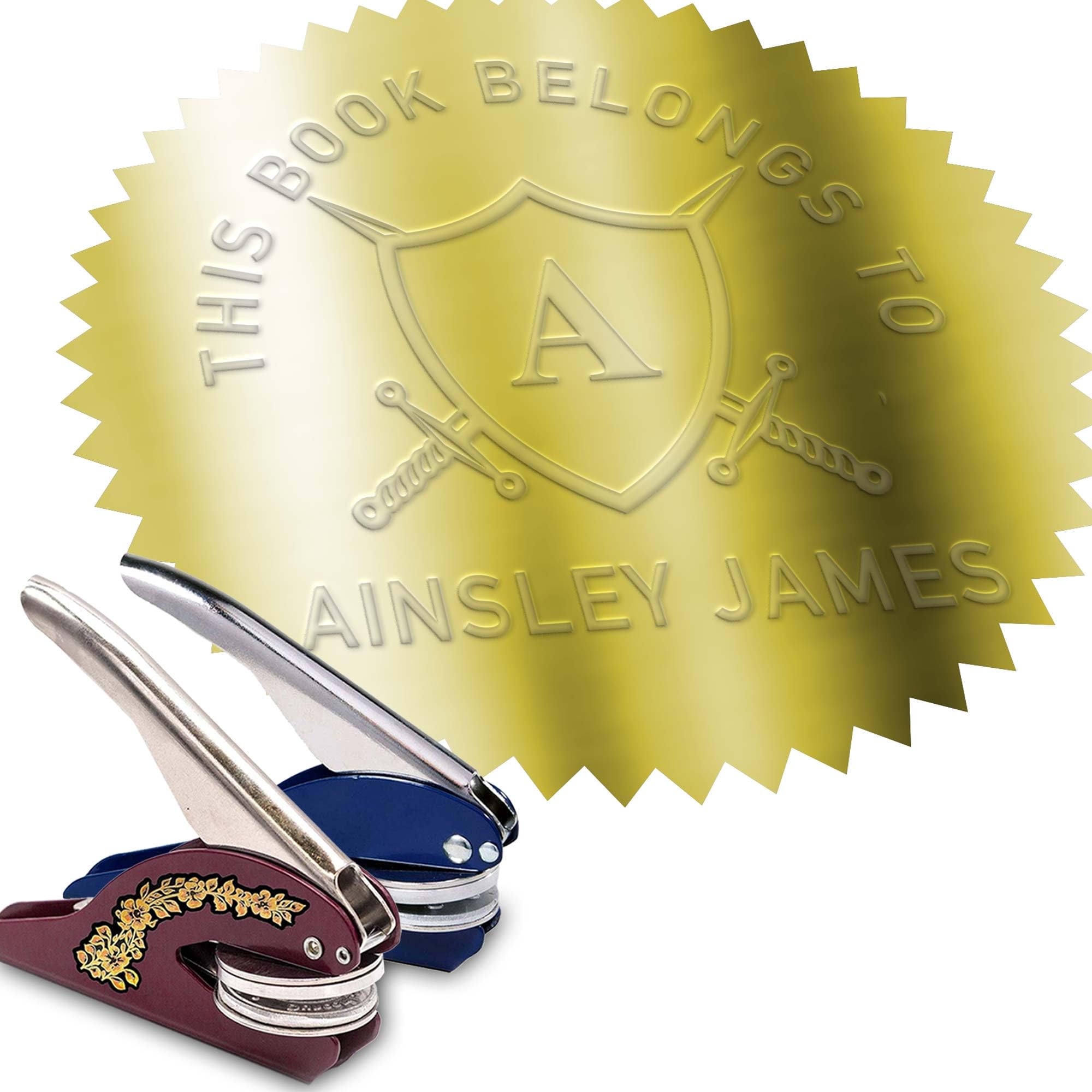 Fantasy Book Embosser Library of Ex Libris Stamp. Crossed Swords & Shield Design. Customise with Your Text. Gift for Book Lovers Emboss or Stamp Fantasy Novel Collection.
