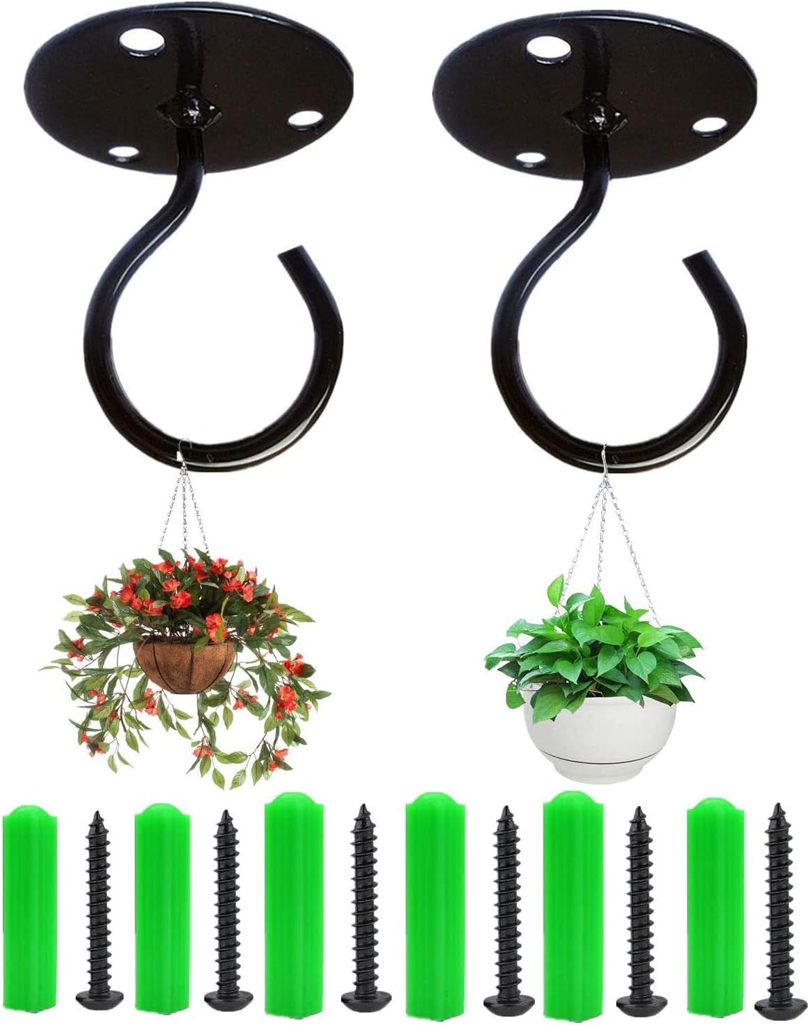 KSS 2PCS Wall Mount Ceiling Hooks, Metal Plant Bracket Iron Wall Hook for Hanging Bird Feeders, Lanterns, Wind Chimes, Planters, Outdoor Decoration Hooks (Black)