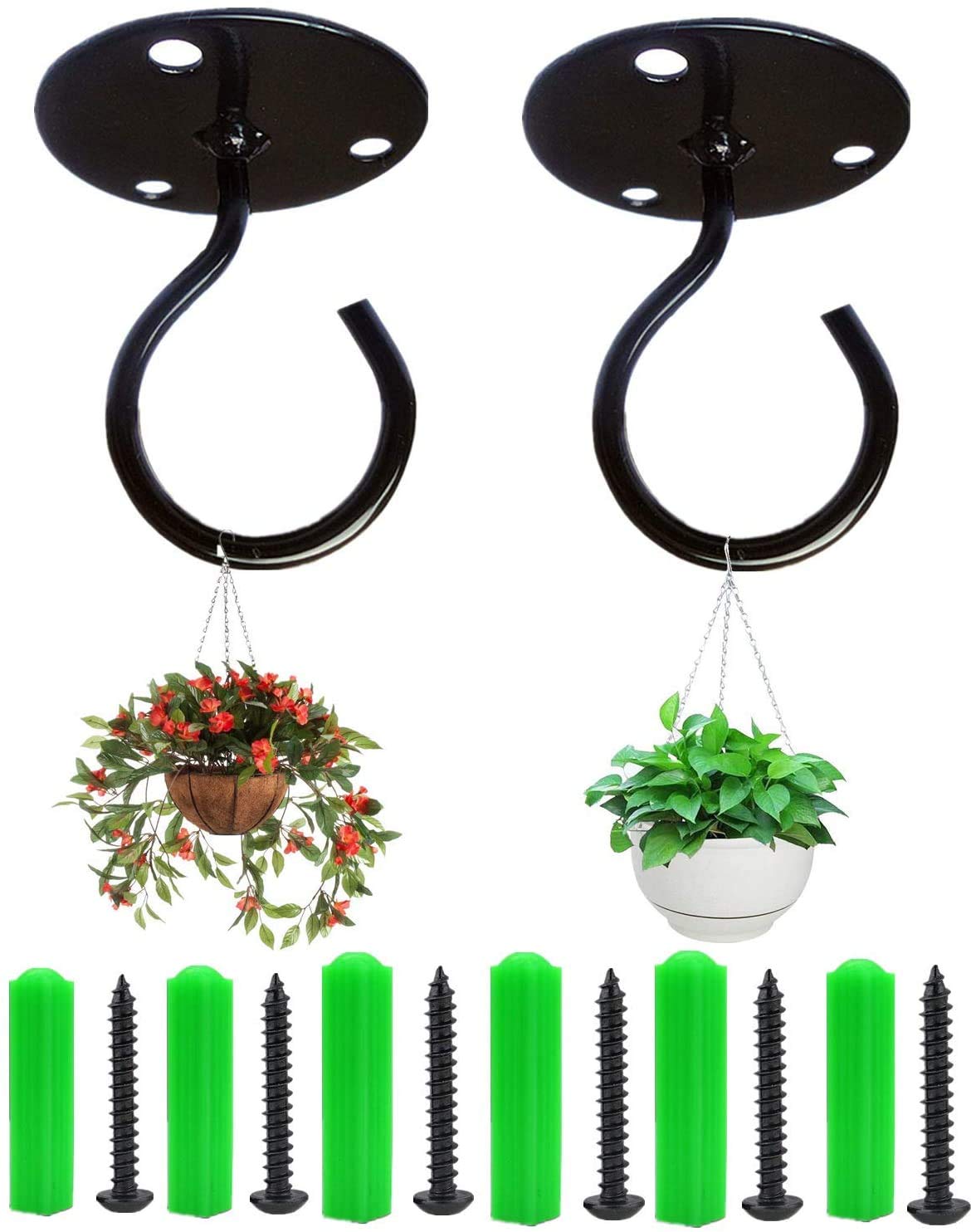 KSS 2PCS Wall Mount Ceiling Hooks, Metal Plant Bracket Iron Wall Hook for Hanging Bird Feeders, Lanterns, Wind Chimes, Planters, Outdoor Decoration Hooks (Black)