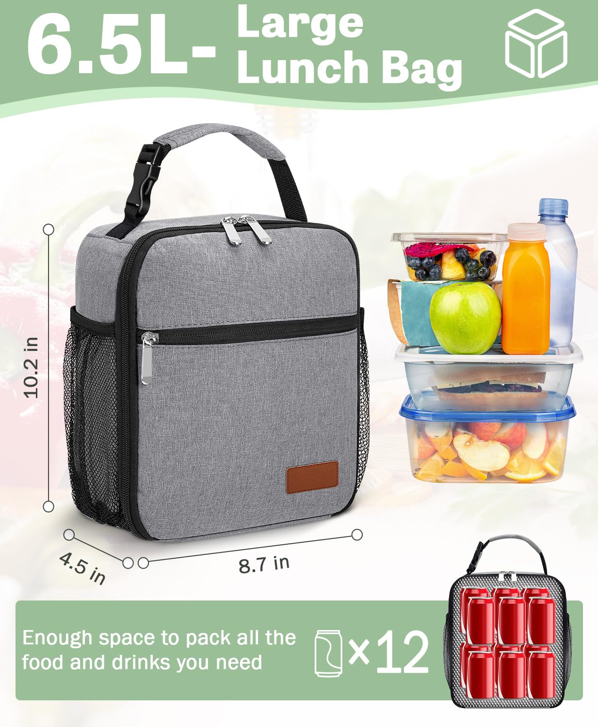 Neverwhy Small Lunch Box Insulated Lunch Bag for Men Women Kids, Reusable Lunch Bags Portable Small Lunch boxes Cooler Bag for School/Work/Picnic, Gray 12-Can(6.5L)