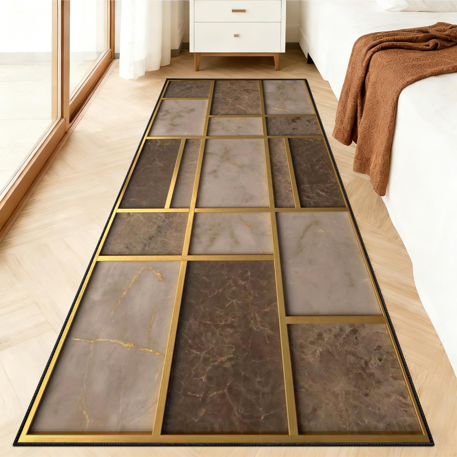 KUKEEUA Abstract Brown Rug for Hallway, 60x180cm Mid Century Runner Rug, Gold Brown Geometry Carpet Runner Non Slip Washable - Durable Indoor Floor Mats for Hallway — image 1