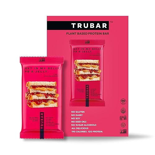 TRUBAR Vegan Protein Bar, Get In My Belly Pb & Jelly, Gluten Free, Plant Based, High Fiber, Dairy Free, Low Fat, Non GMO, No Sugar Alcohols, 12G Lean Protein, 13G Fiber, Healthy Snack Bars, 12 CT - PB & Jelly