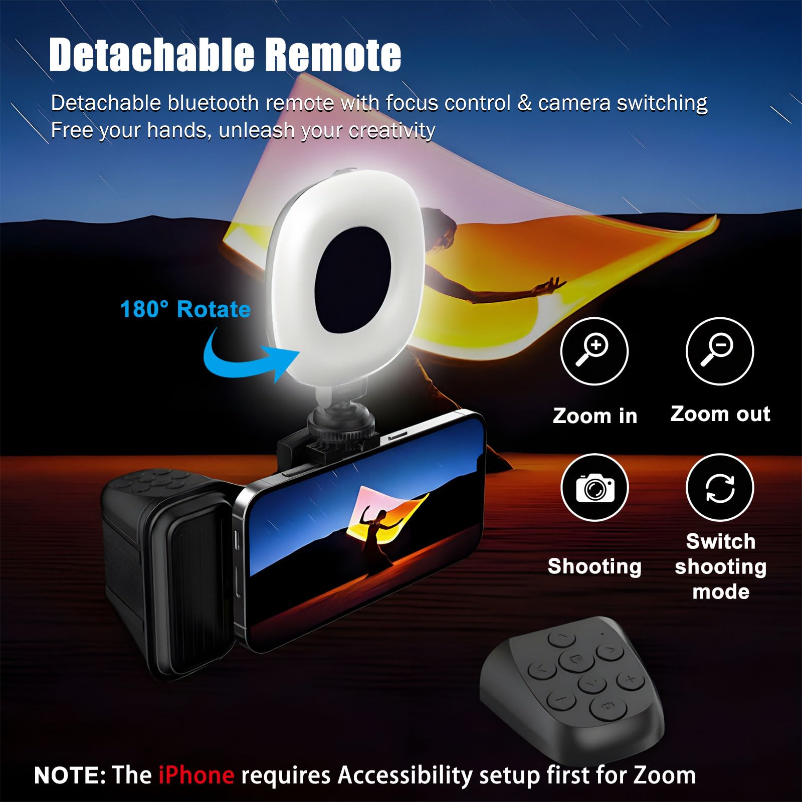 Poignée d'appareil photo pour téléphone avec anneau lumineux et télécommande Bluetooth amovible, déclencheur à distance TikTok, griffe pour lumière/micro, compatible avec iPhone et téléphone Android