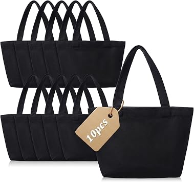 Oqqlin 10 Pcs Small Canvas Tote Bags, 11.8 x 7.8 x 3.9 Inch Black Mini Tote Bag Reusable Blank Grocery Shopping Cloth Bags for DIY, Painting, Welfare Gifts, Advertising