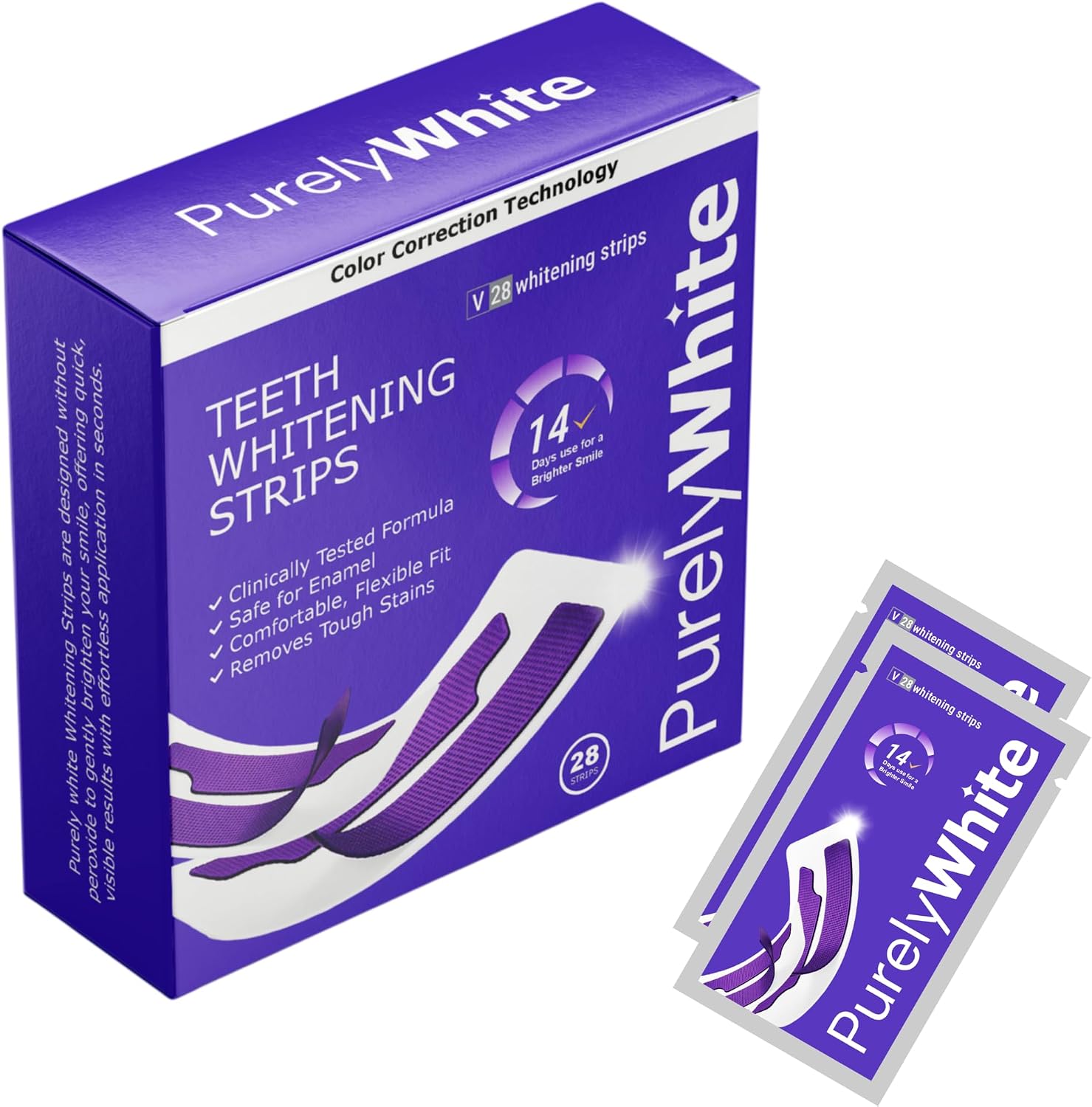 PurelyWhite Purple Teeth Whitening Strips 28 Count – Purple Whitening Strips with Color Correcting Technology, Designed for Sensitive Teeth, Protects Enamel, Secure No-Slip for Daily Whitening Care
