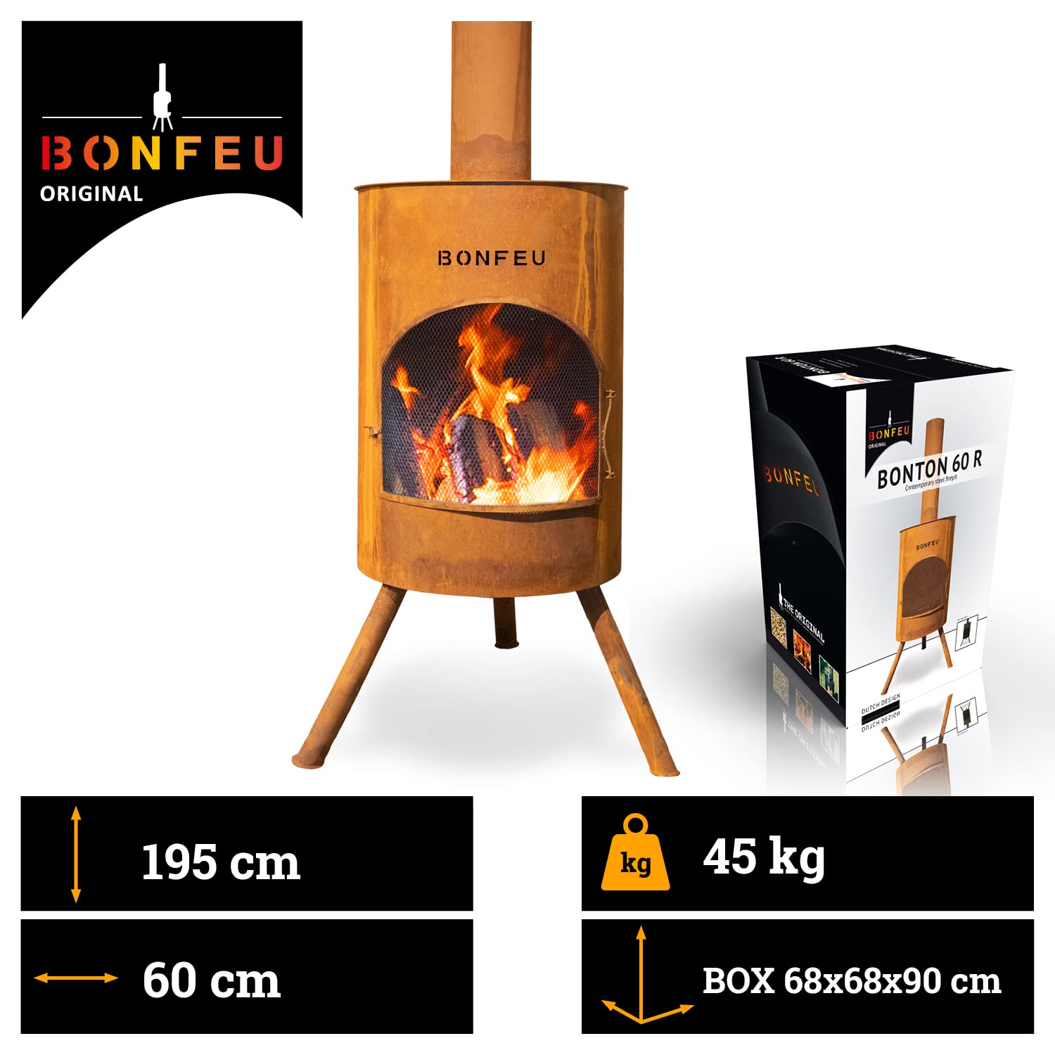 BonFeu BonTon 60 Grate - Patio stove - Fireplace with spark protection for relaxing evenings - Fire column outdoor - Patio fireplace with barbecue grate - Corten steel garden stove - 60x60x205cm - 2