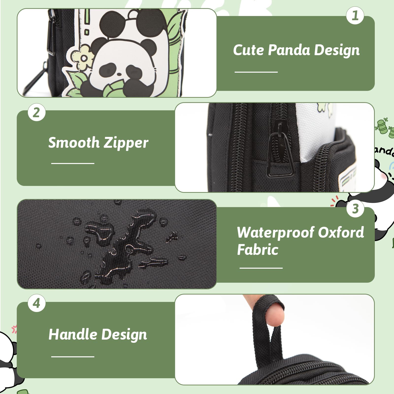 LJCZKA Large Capacity Panda Pencil Case for Girls Boys Cute Pencil Pouch with 3 Compartments, Pencil Bag with Handle for School Office - Image 3