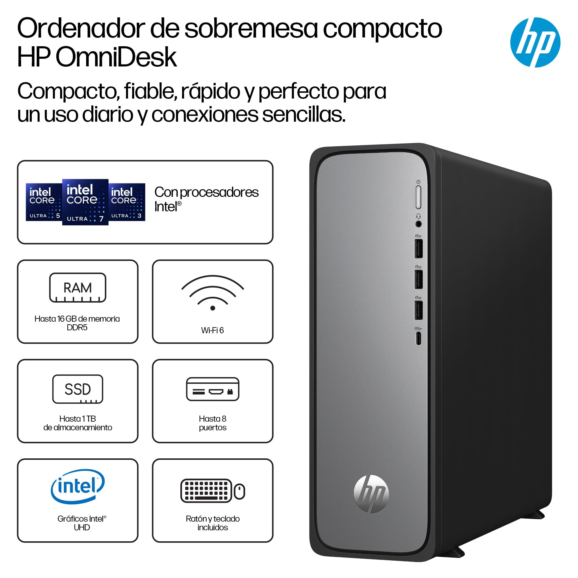HP Ordenador de Sobremesa OmniDesk Slim (Intel Core i5-14400, 16GB DDR5 RAM, 512GB SSD, Gráficos Intel, FreeDOS) - Gris