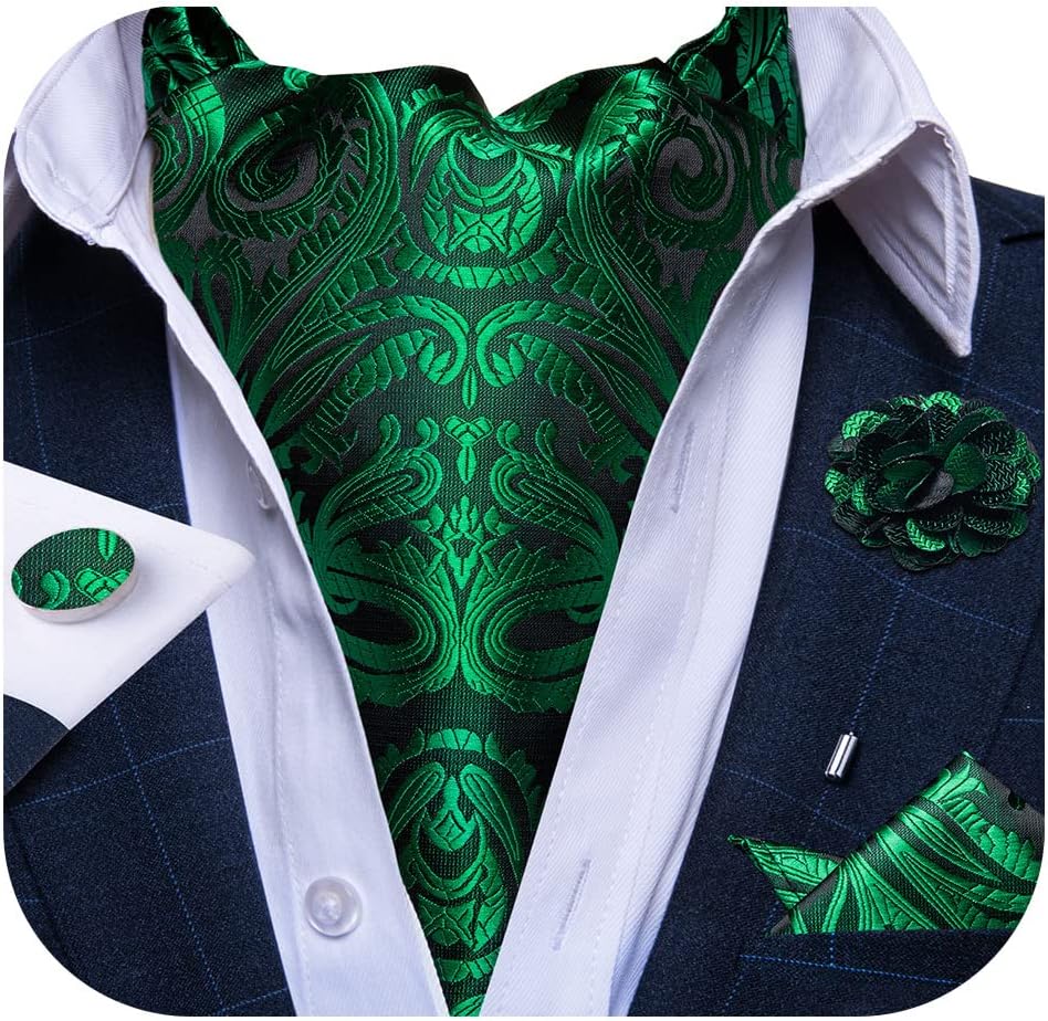 Mens Silk Ascot Ties Paisley Jacquard Woven Cravat and Pocket Square Cufflinks with Lapel Pin for Business Wedding