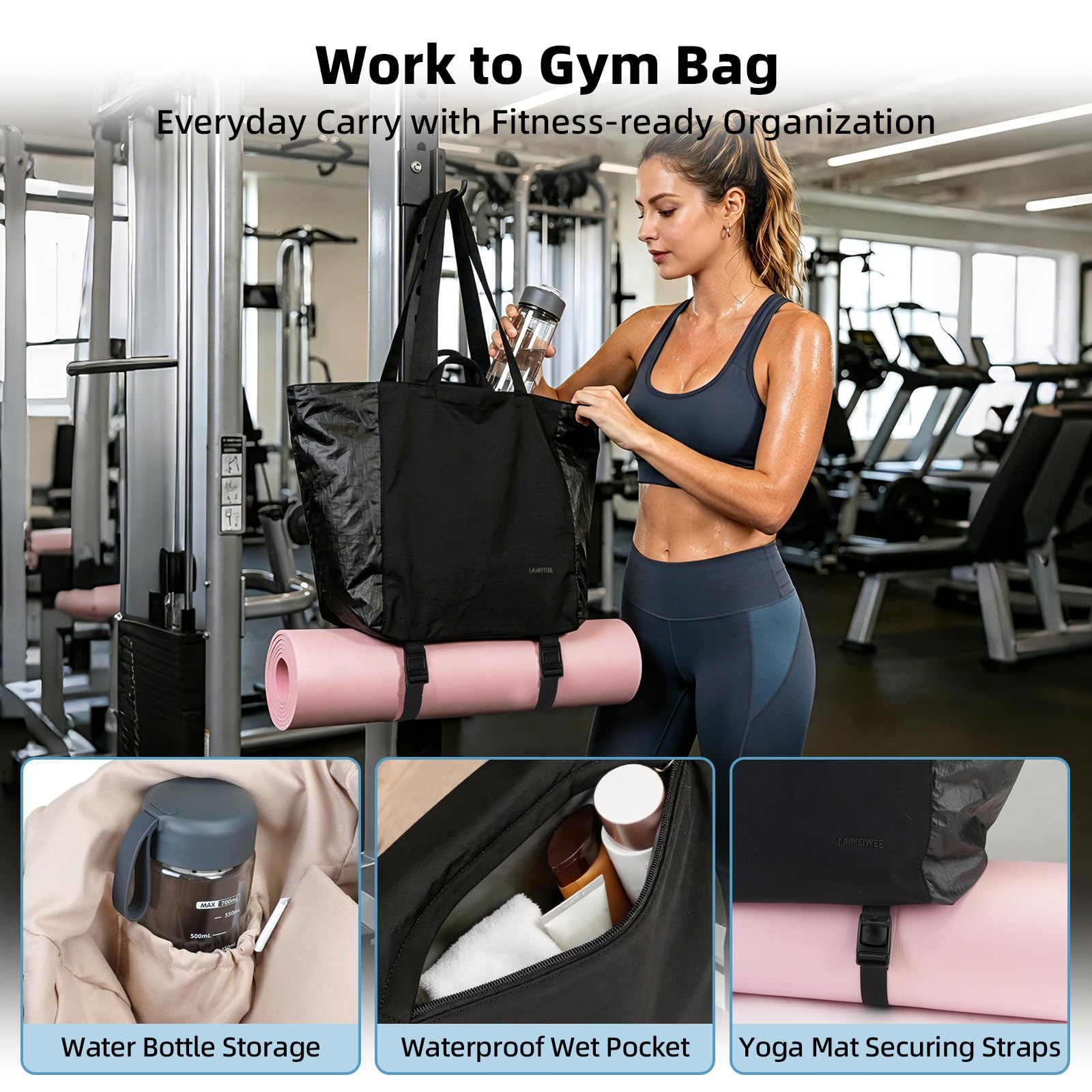Bolso tote mujer, bolsos de viaje ligeros para el gimnasio con correa para esterilla de yoga, bolsillo impermeable, bolsa para zapatos y neceser; juego de 3 piezas. Bolso tote versátil — view 8