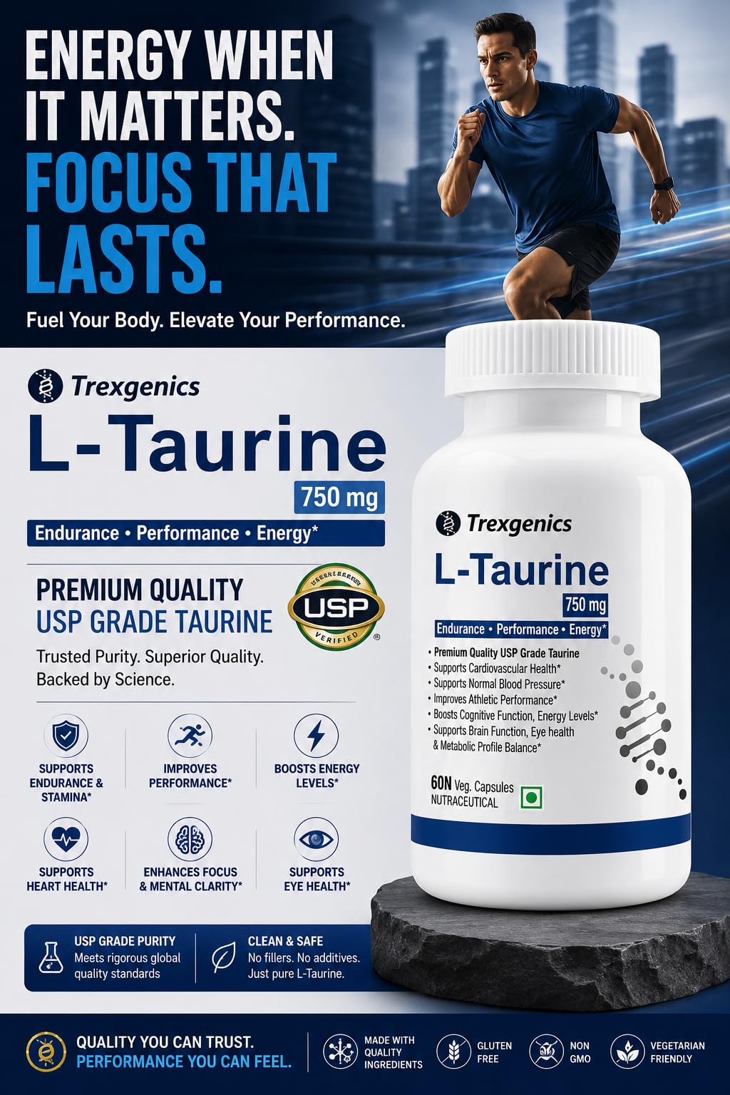 Trexgenics L-TAURINE 750 mg Nervous System, Energy, Heart, Cardiovascular system, Brain, Eye Health Support (60 Vcaps) (Pack of 1) 2
