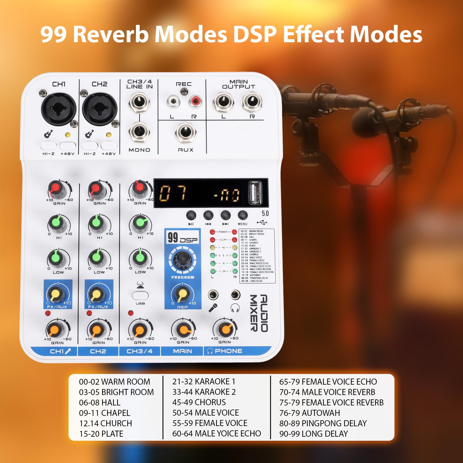 Asixxsix 4-kanałowy Mikser Audio, Cyfrowy Pogłos Bluetooth DSP, Płyta Dźwiękowa Miksera DJ z Wejściem USB MP3 XLR 6,35 Mm, 3,5 Mm i Zasilaniem Phantom 48 V, Płytka Miksera Dźwięku (WHITE)