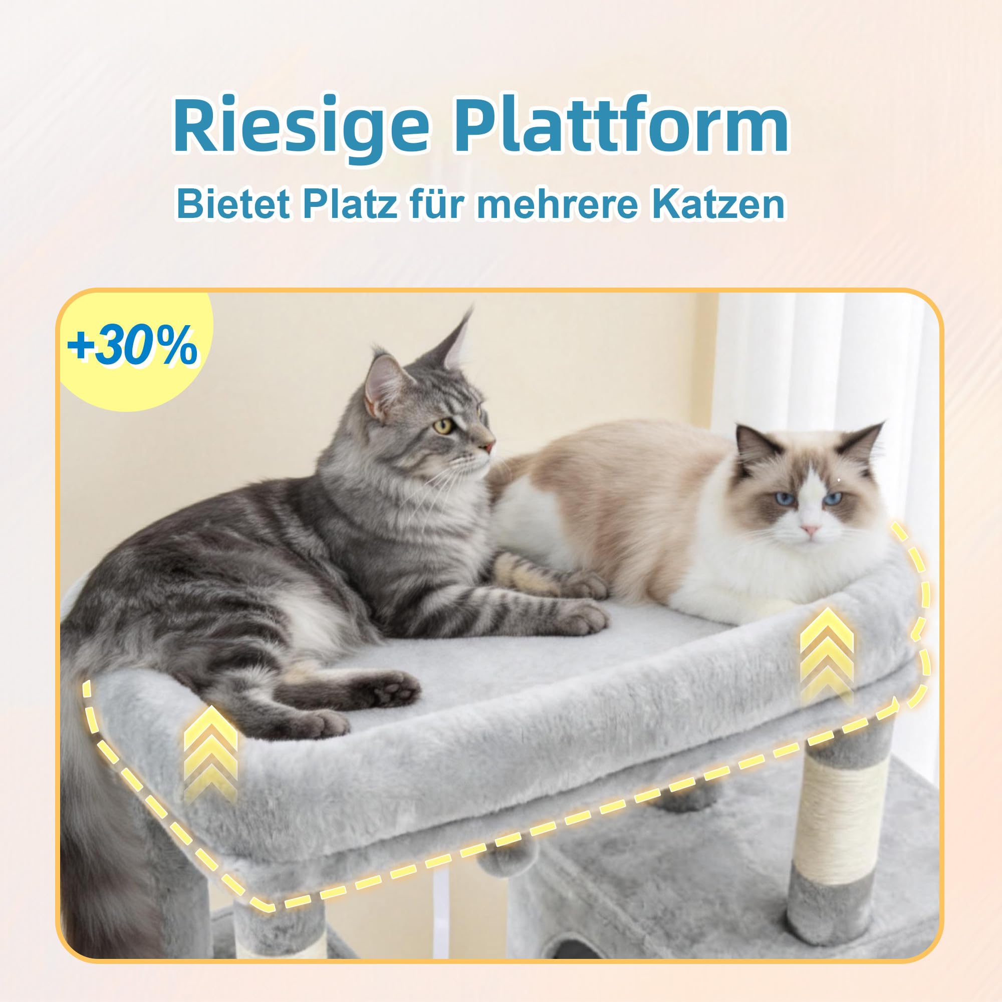 Hey-brother Arbre à Chat, Tour de Jeux Multiniveaux 144cm pour Maine Coon, avec 3 Grandes grottes, Plateformes spacieuses, Niche Confortable et Balle Peluche Suspendue, Gris Clair MPJ083W