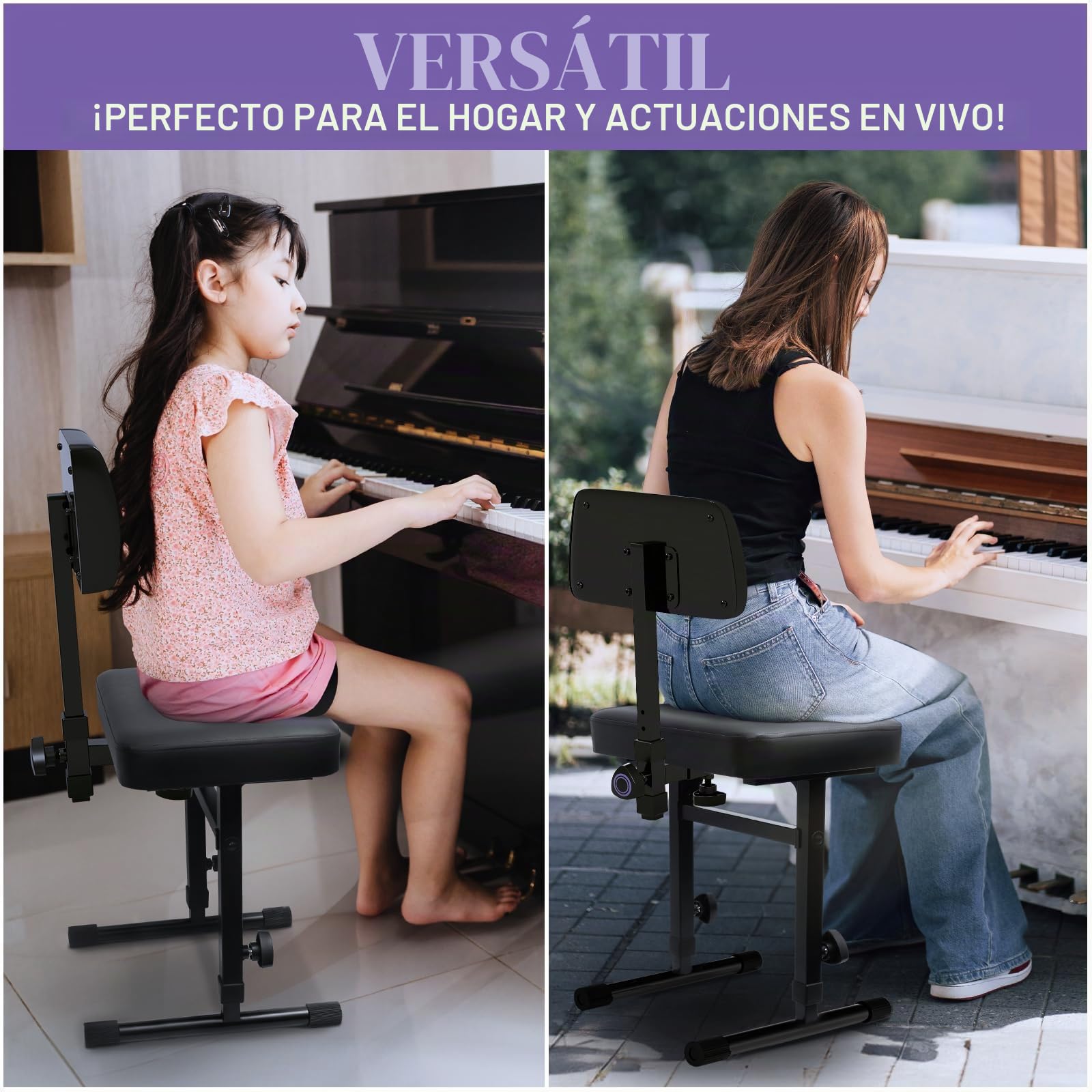 Liquid Stands Banco de Piano Ajustable - Banco de Teclado Musical con Respaldo para Teclado de Piano con cojín Acolchado Negro para músicos