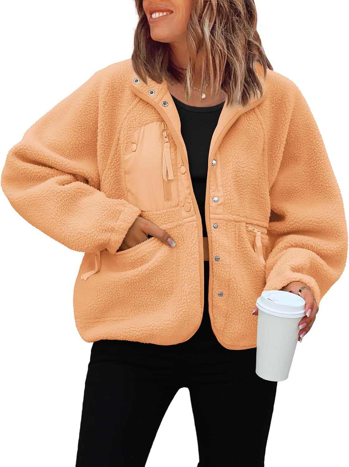 ReachMe Womens Sherpa Jacket Casual Lapel Button Down Cropped Fuzzy Fleece Jackets Long Sleeve Winter Coats with Pockets