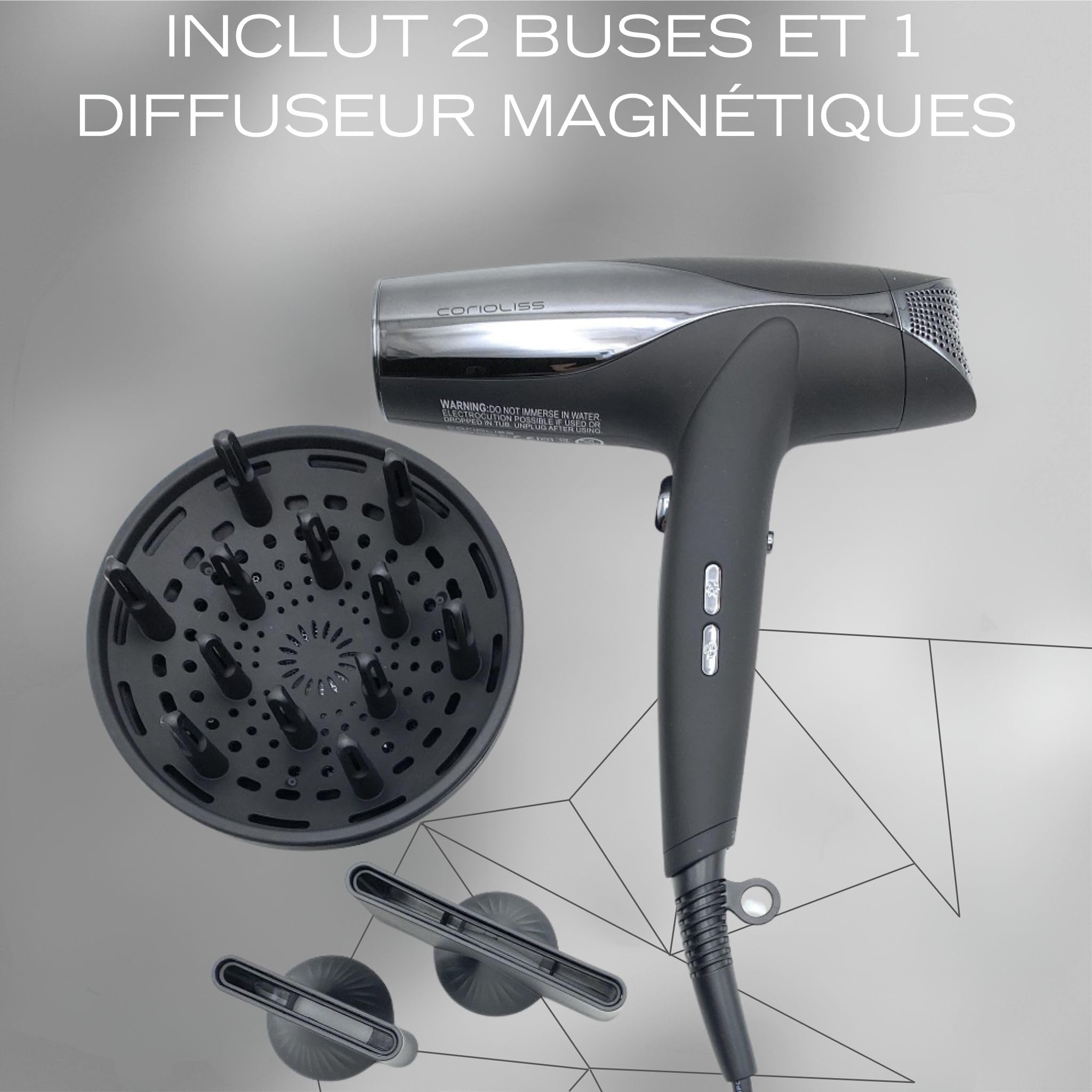 Corioliss Wind Sèche-Cheveux Professionnel Léger et Silencieux | Moteur BLDC 1500W | Générateur Ionique | 2 Buses et Diffuseur Magnétiques | Contrôle LED Température et Vitesse | Avec Housse de Voyage