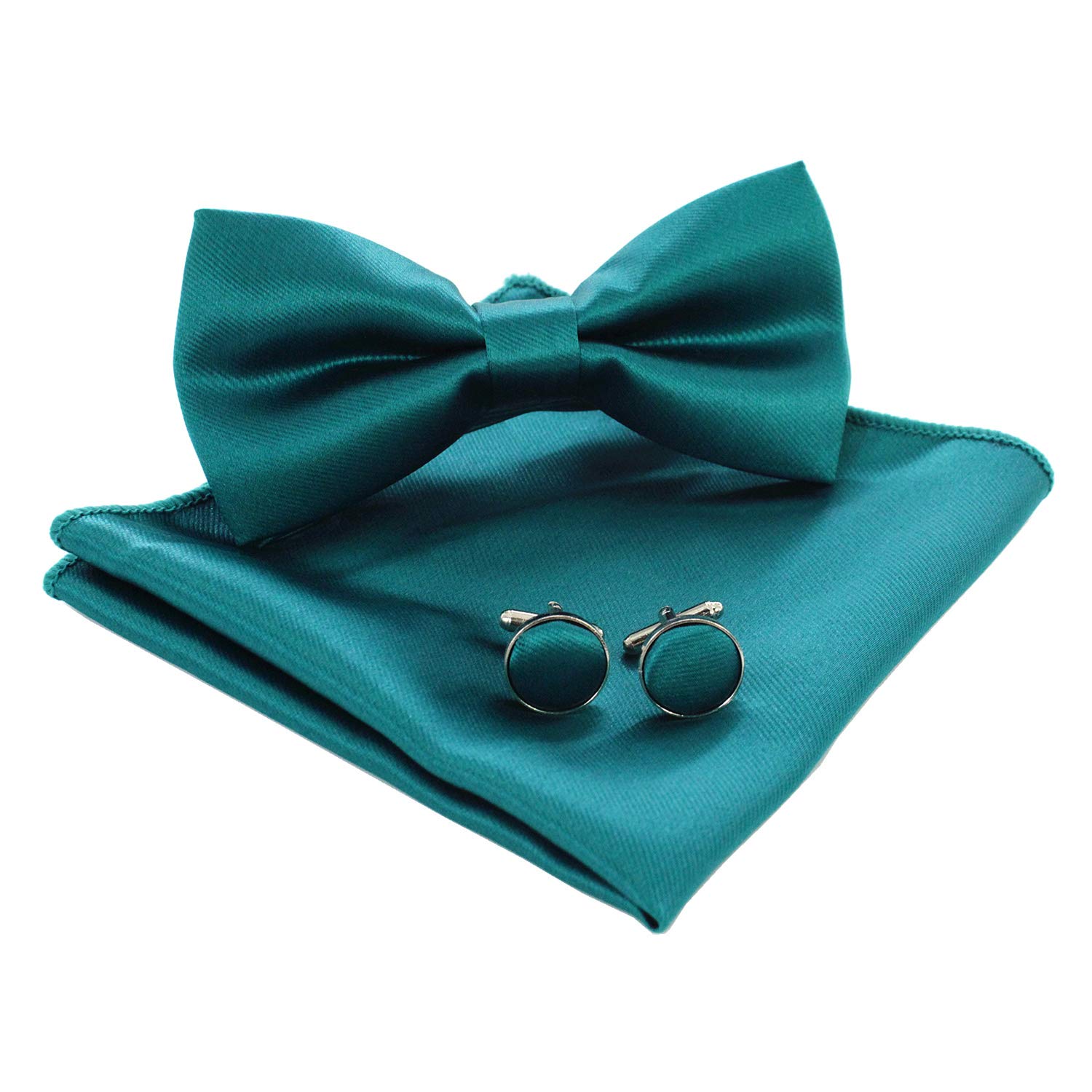 JEMYGINS Einfarbig Fliege und Einstecktuch mit Manschettenknöpfe Sets für Herren,pfauenblau