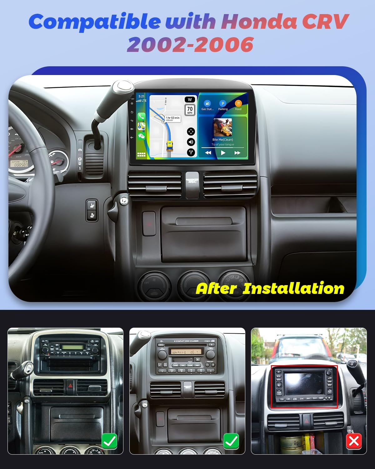 Hikity Android Car Stereo installed in a Honda CRV dashboard, showing the 9-inch touchscreen display with navigation and media playback. Below are images of compatible and incompatible Honda CRV dashboards.