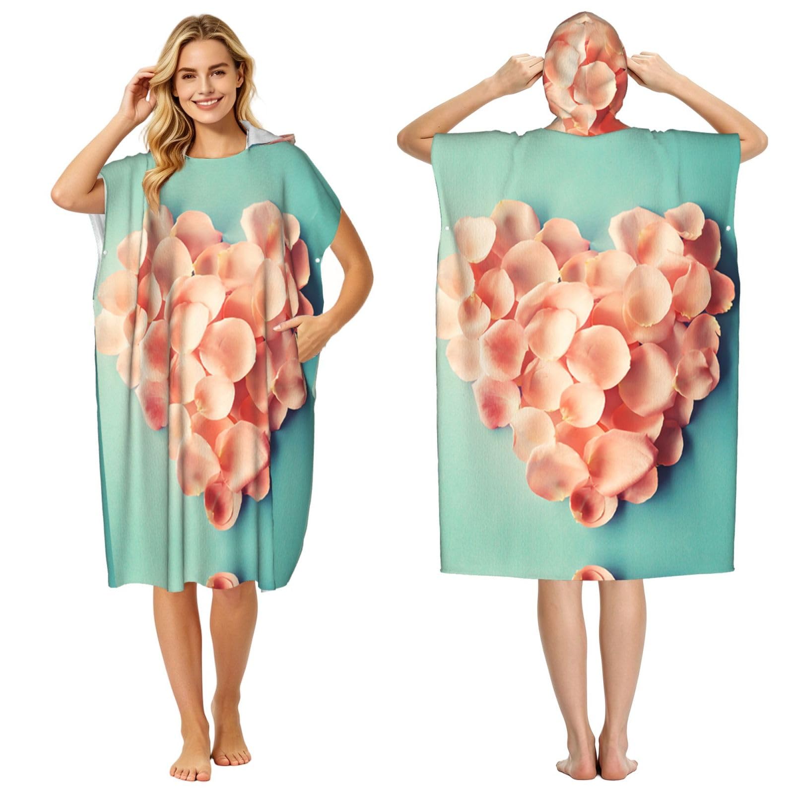 EZDLOWVBA Heart Shaped Floral Petals Print Hooded Poncho Microfiber Beach Towel,Adult Women & Men Changing Robe,Lightweight Summer Surf Swim Bath Poncho Towel