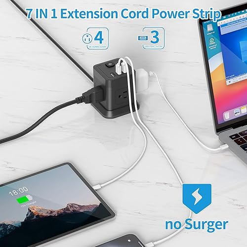 Miniatura 2 de FDTEK - Cable de extensión de 15 pies, regleta de enchufe plano con 4 tomas ampliamente espaciadas con 3 USB, cable de extensión con múltiples tomas