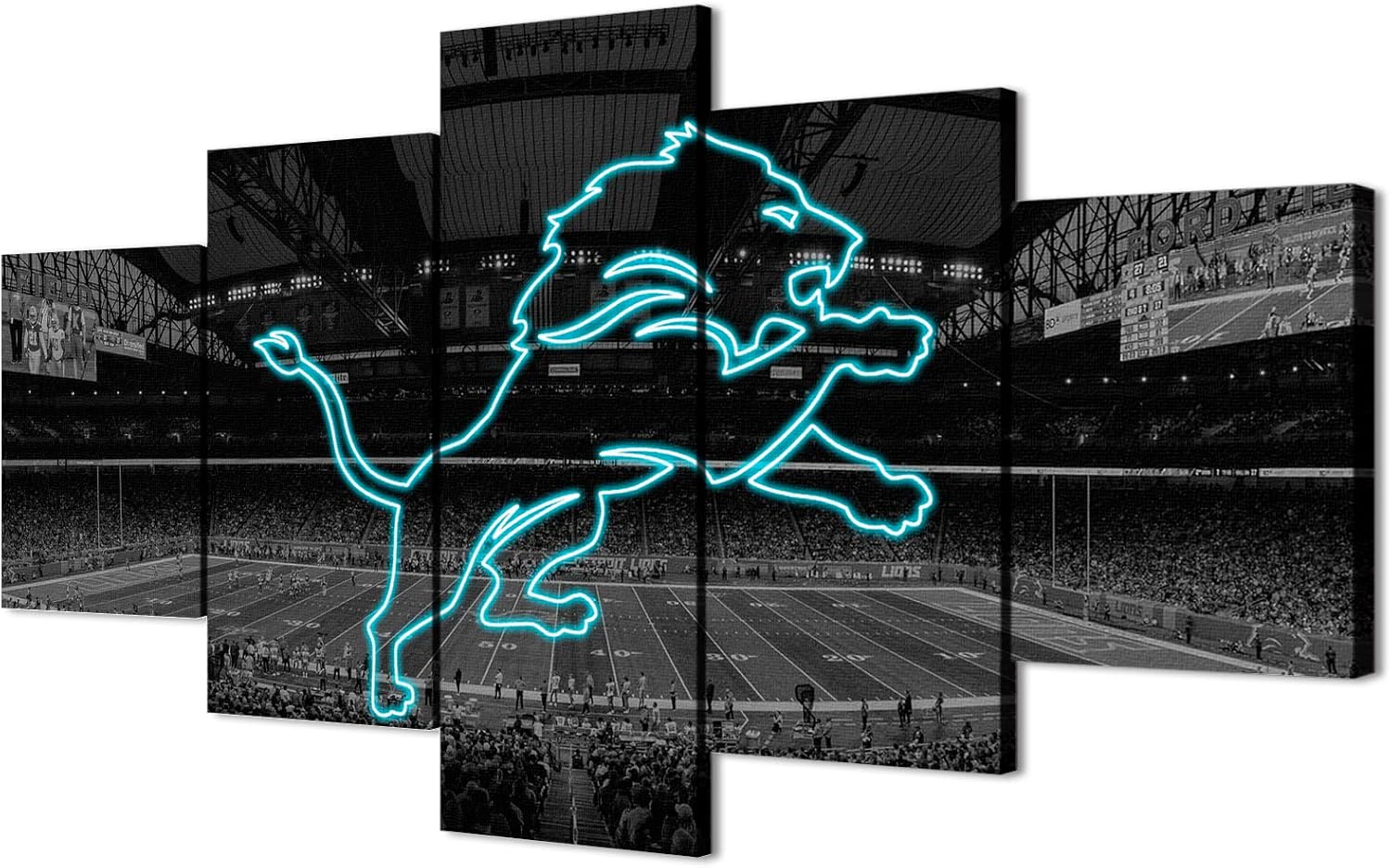 (60X100CM/5PCS) Frame Canvas Print Poster - American football Detroit Field Stadium with Neon Lions badge - Original Black and White Sports Wall Art for Home and Office Decor