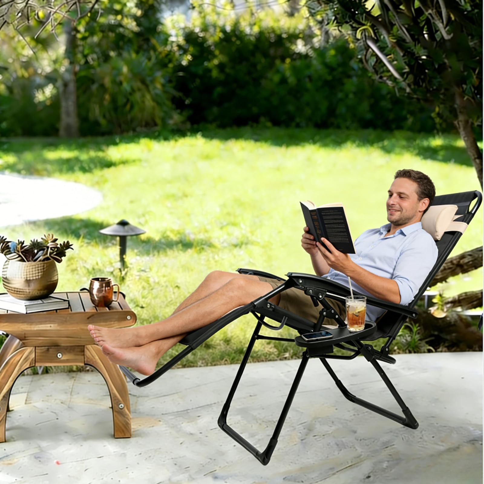 Silla Reclinable Plegable, Ajustable Silla de Gravedad Cero, Tumbonas Jardin Exteriorcon Reposacabezas y Almohadilla, para Jardín, Acero, Piscina, Terraza, Cómoda y Resistente, Carga de 150 kg
