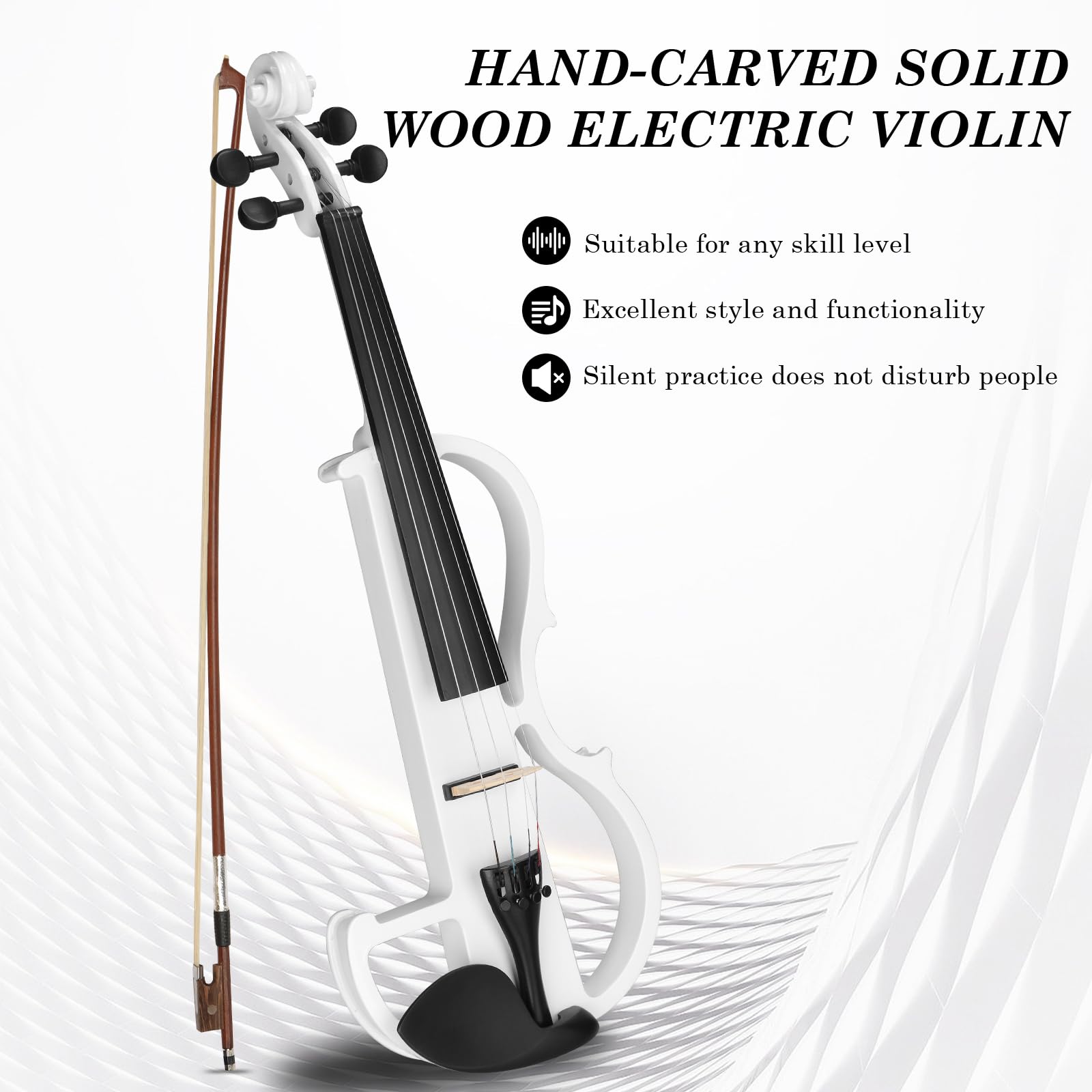 Ktaxon Full Size Electric Violin, 4/4 Acoustic Silent Electric Violin for Beginner Adults Teens with Ebony Fittings, Case, Bow, Headphone, Rosin and Extra String (White)