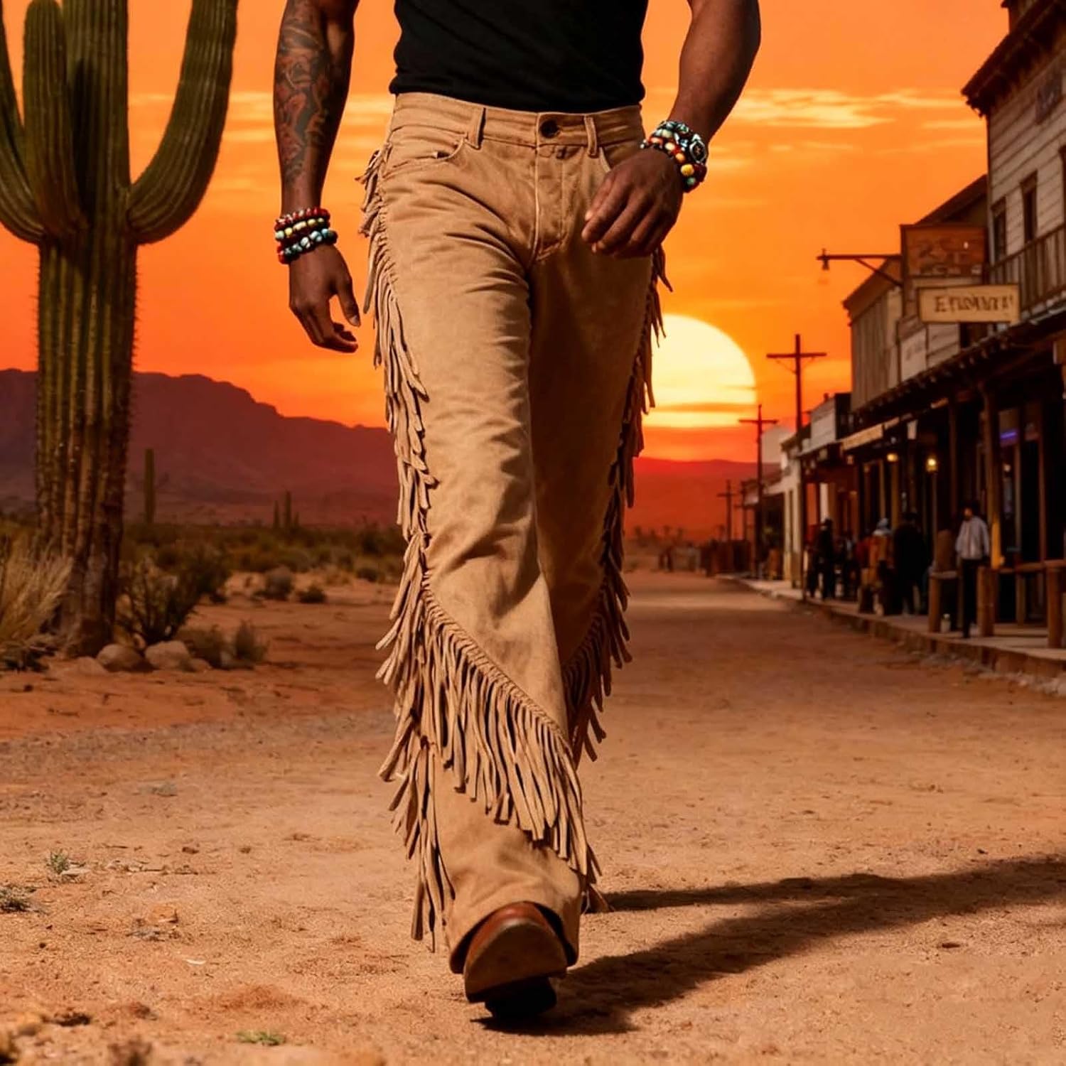 Mens Cowboy Western Pants Vintage Tassel Fringe Faux Suede Trousers