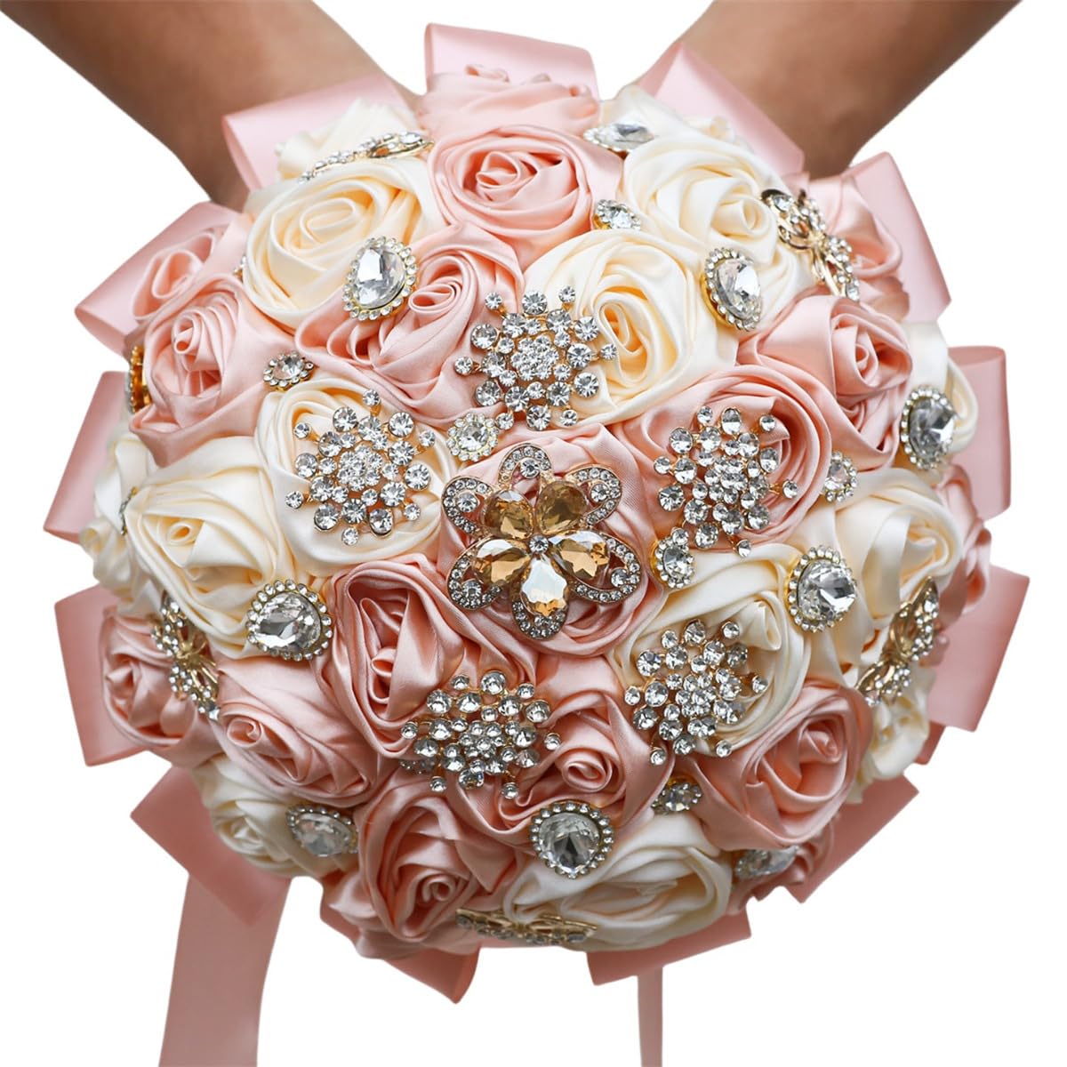 Mhojpik 9.8" Peach Pink & Cream Bridal Wedding Bouquet Round Bling Brooch Bouquet Throw Toss Artificial Rose Flower Bunch for Bride Bridesmaid Wedding