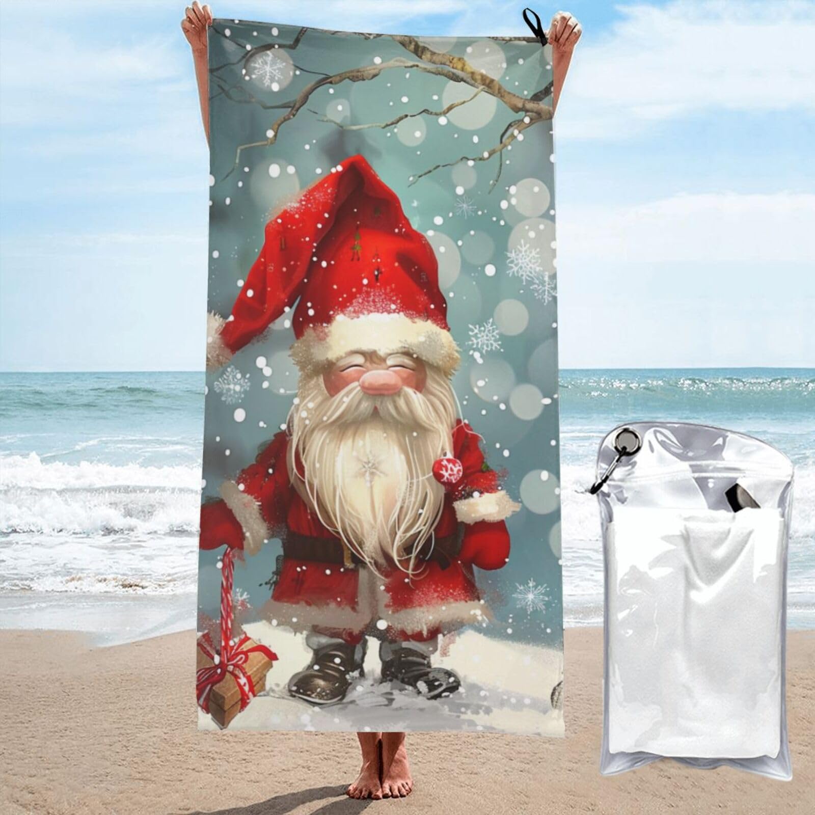kkvhhyuo Microfiber Beach Towel, Christmas Traditional Gnome 1 Printed Lightweight Quick Dry Travel Bath Sheet with Compact Carry Bag for Swimming Yoga Camping Gym,27.5"x55"