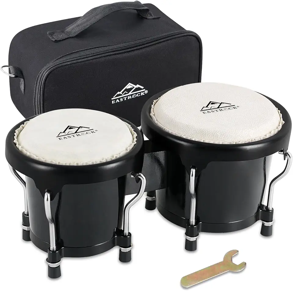 EASTROCK Bongo Drum Conjunto de bongôs de 10 cm e 12,7 cm para adultos, iniciantes, profissionais, instrumentos de percussão de tambor de mão de madeira ajustável com chave de afinação (preto)