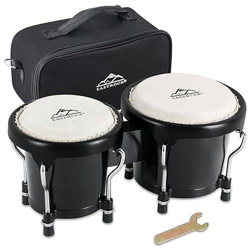 EASTROCK Bongo Drum 4” and 5” Bongos Set for Adults Kids Beginners Professionals Tunable Wood Hand Drum Percussion Instruments With Tuning Wrench(Black) - 4“+5” black