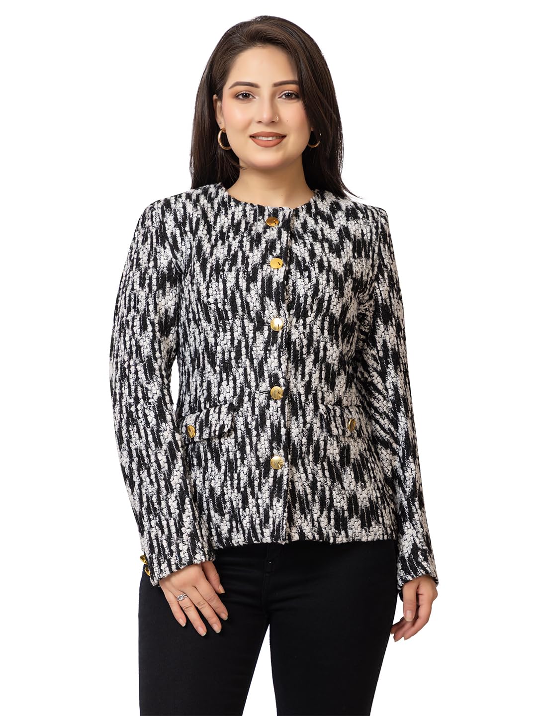 lasoon Women’s Winter Wear Tweed Coat with Gold Buttons | Stylish Multi-Color Blazer Jacket-picture-10