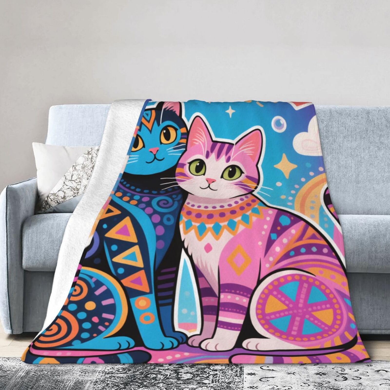 Couverture polaire chat bleu plaid lit léger et chaud motif félin