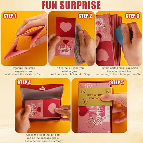 Miniatura 5 de PEUTIER Caja de regalo sorpresa, caja de regalo de explosión rosa, caja de cumpleaños sorpresa llena de fotos, tarjetas de confeti, caja sorpresa