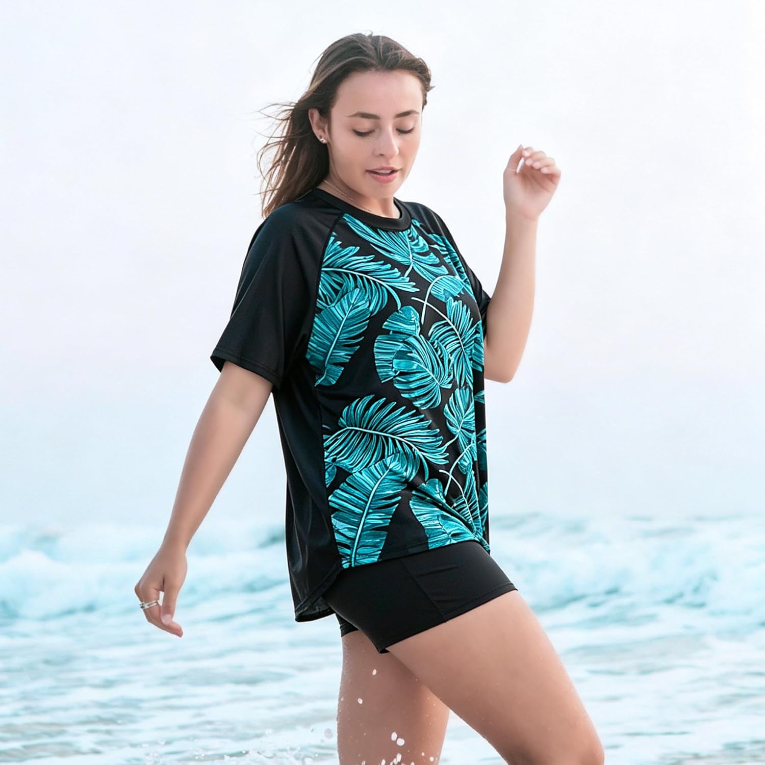Davena Women's Plus Size 2 Piece Rash Guard Short Sleeve Swimsuit with Boyshorts Swim Shirt UPF 50+