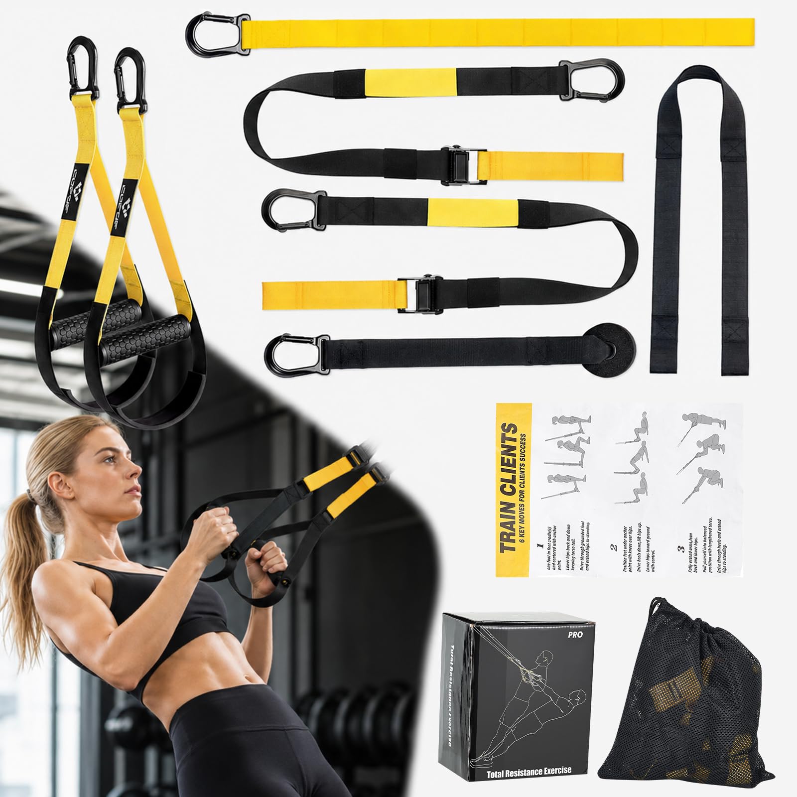 Kit Sling Trainer Multifunzione con Ancoraggio Porta, Nero e Giallo