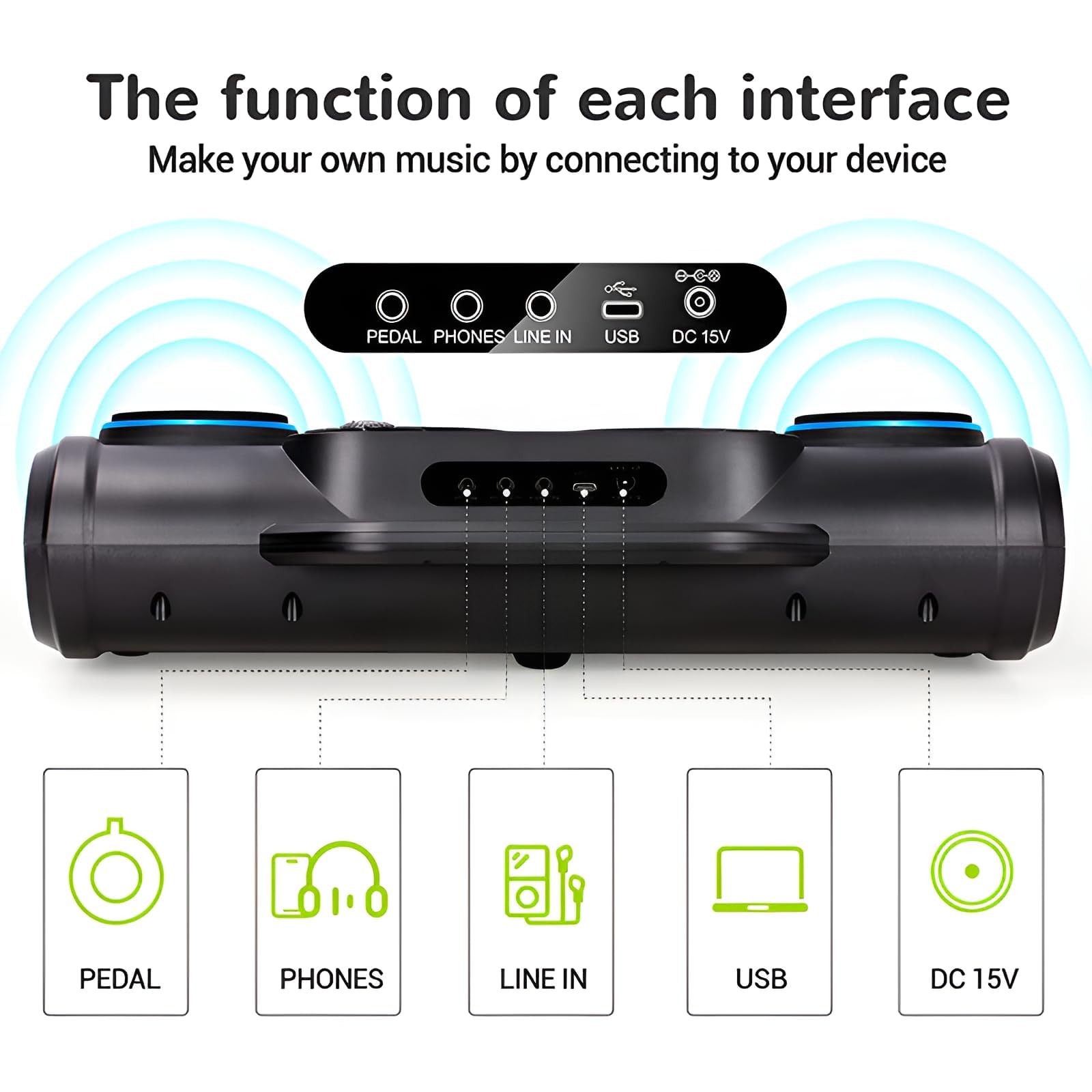 Kit di batteria elettronica portatile, set di batteria digitale avvolgibile con 7 pad con pedali, altoparlanti integrati, display a LED, supporto BT/PC/MIDI per principianti e pratica