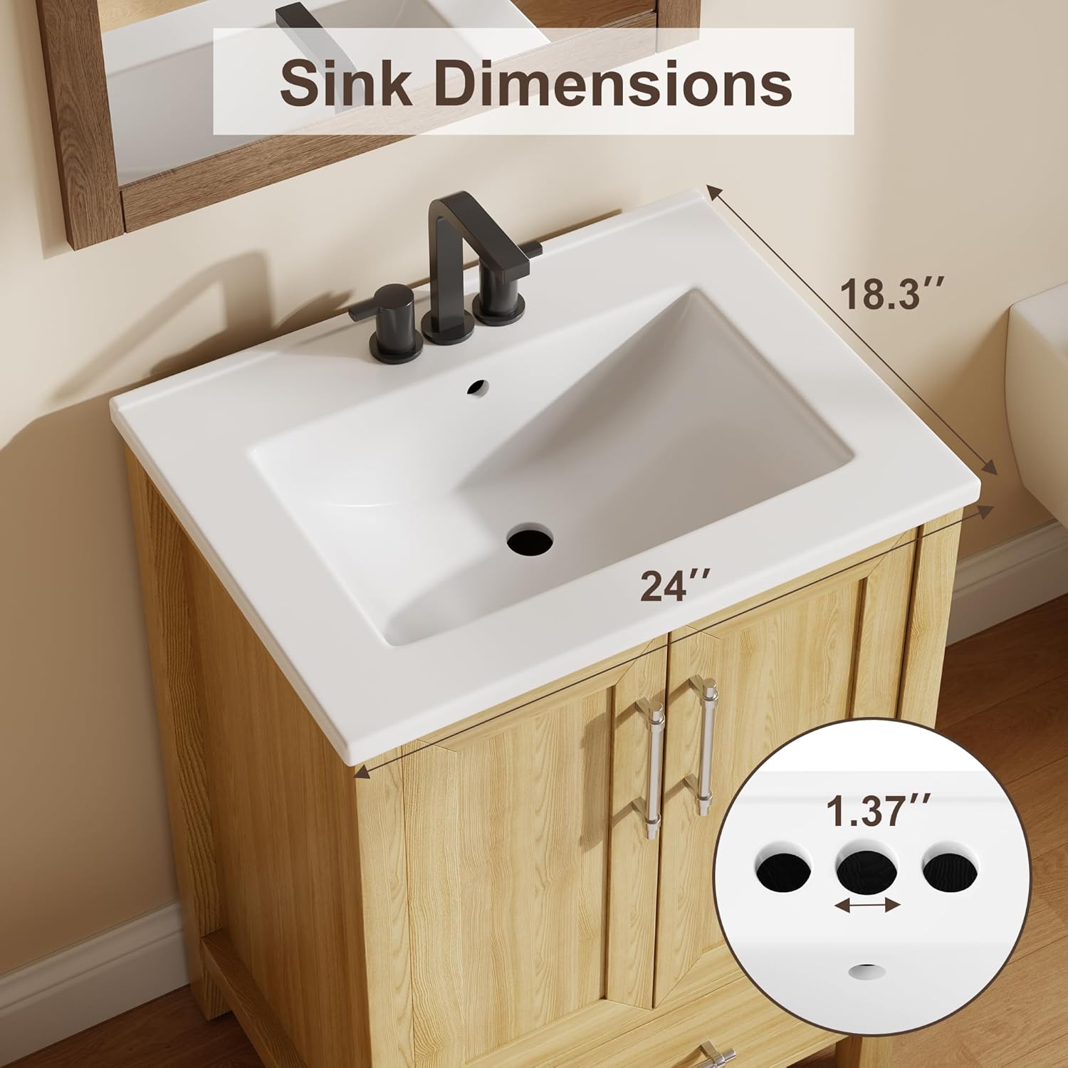 Garvee 24" Bathroom Vanity with Sink, Freestanding Bathroom Sink Cabinet with 2 Soft-Closing Doors & Large Storage Drawer, Wood Vanity Cabinet, Easy Assembly & Cleaning,Natural Wood