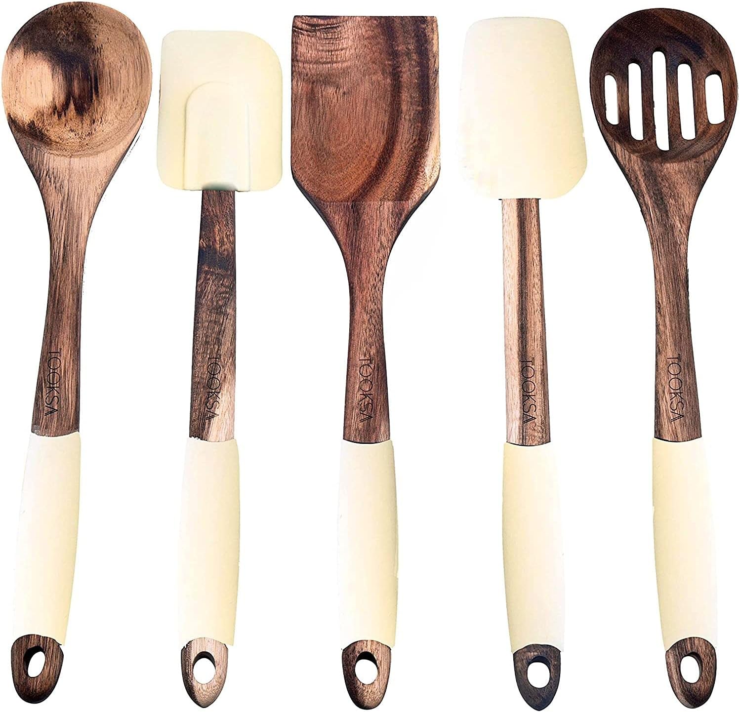 TOOKSA- Premium 5 Piece Acacia Multi-toned Light and Dark Wooden Spoon, Turner and Spatula Utensil Set with Silicone, Rubber, Non-slip Handles (Cream)