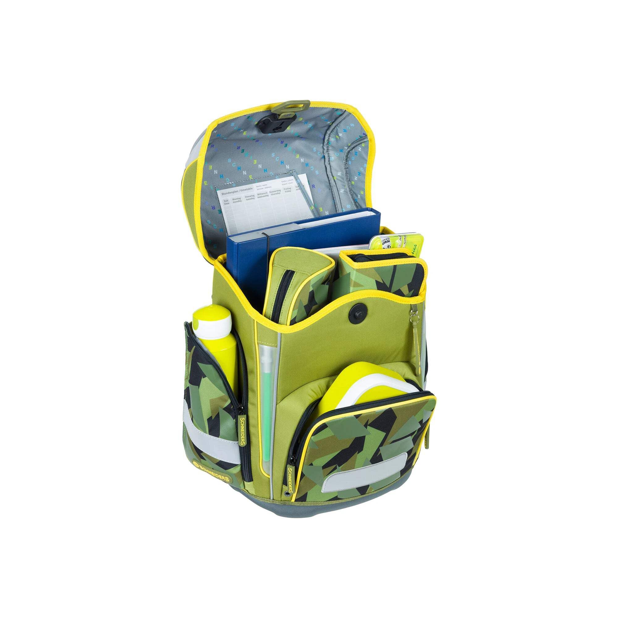 Schneiders 78367-065 - Zaino Ergolite Construction, set da 9 pezzi con cartella, astuccio, borsa porta penne, borsa sportiva, 3 motivi in patch e 2 bastoncini luminosi